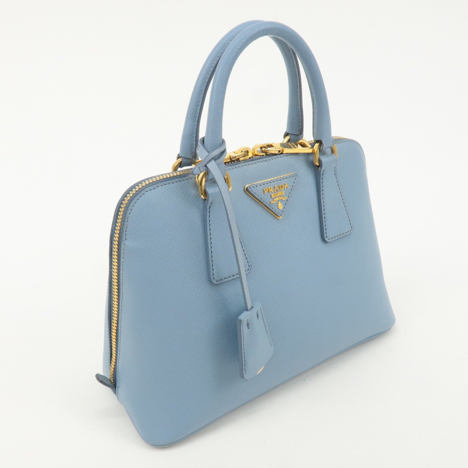 PRADA Triangle Logo Saffiano Leather Hand Bag Light Blue