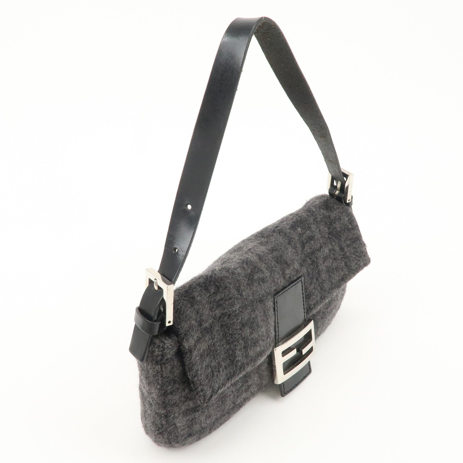 FENDI Mamma Baguette Zucca Wool Leather Shoulder Bag Gray 26424