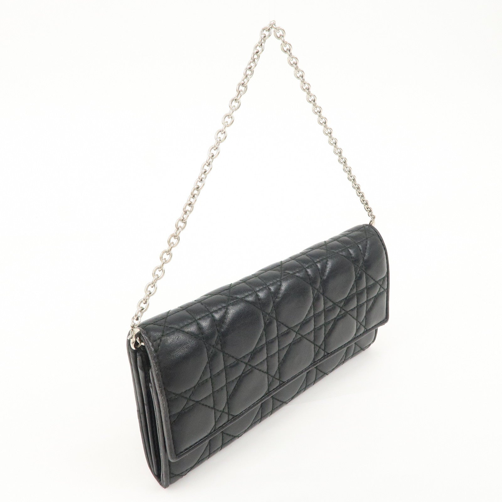 Christian Dior Cannage Leather Chain Long Wallet WOC Black