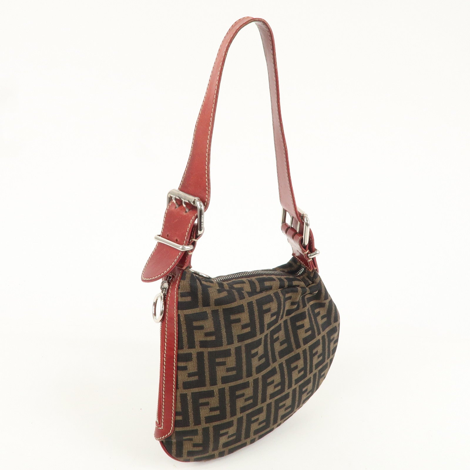 FENDI Zucca Canvas Leather One Shoulder Bag Brown Black Red 8BR128