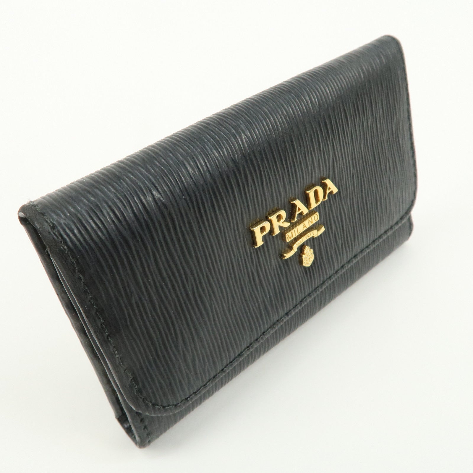 PRADA Leather 6 Key Hook Key Case Key Holder Black Gold HDW