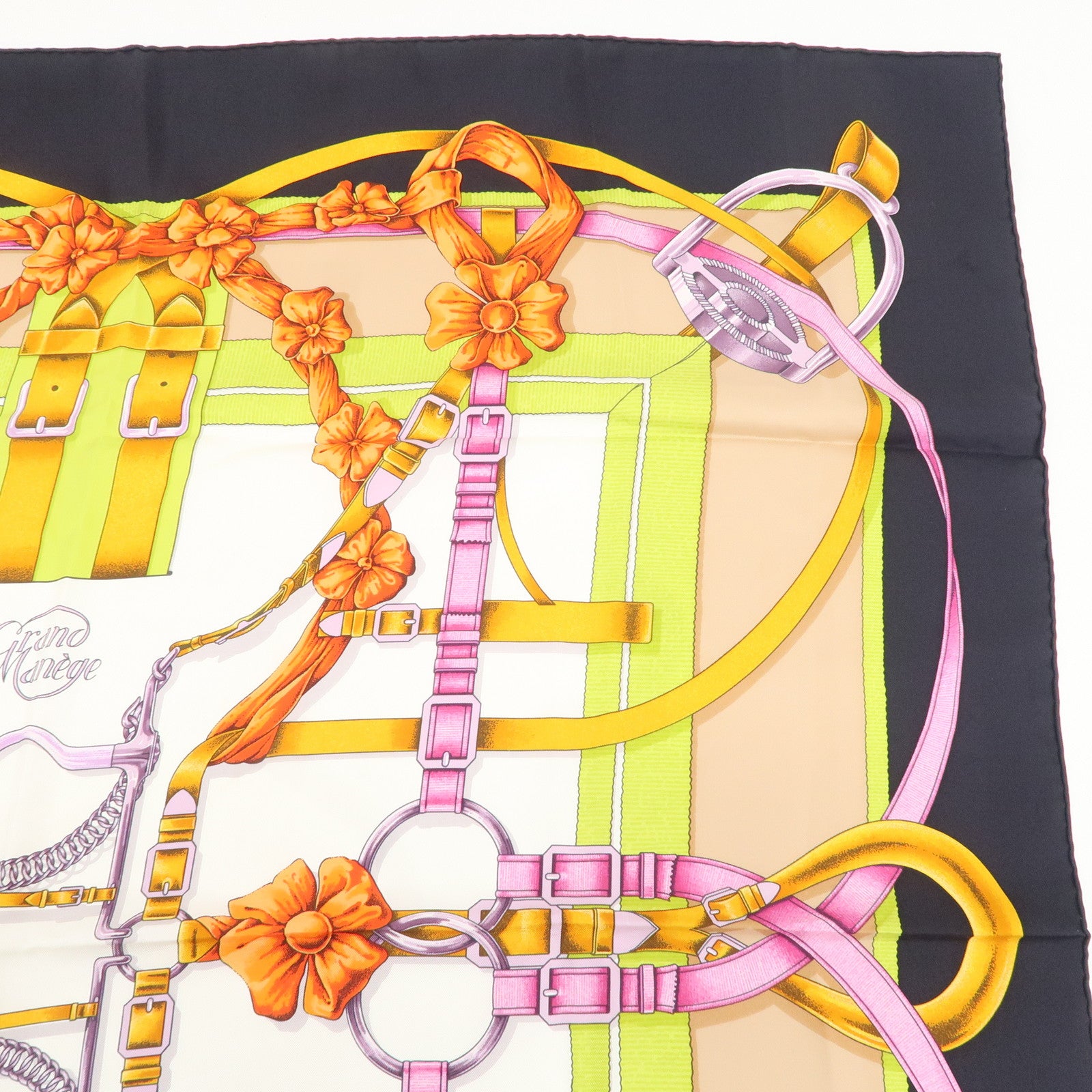 HERMES Carre 90 Silk 100% Scarf Crano Manege Black White Orange