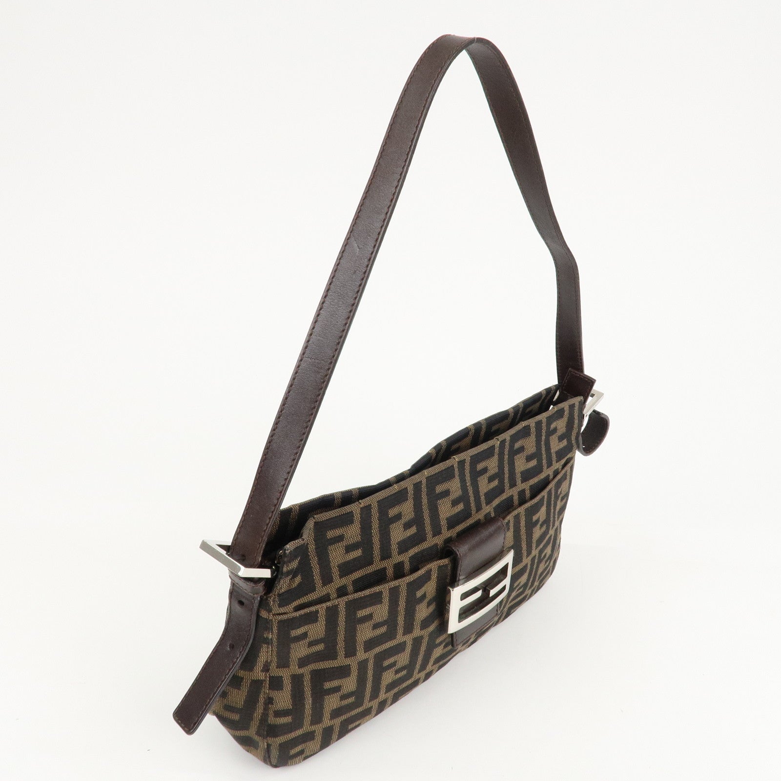 FENDI Zucca Canvas Leather Shoulder Bag Brown Black 26566