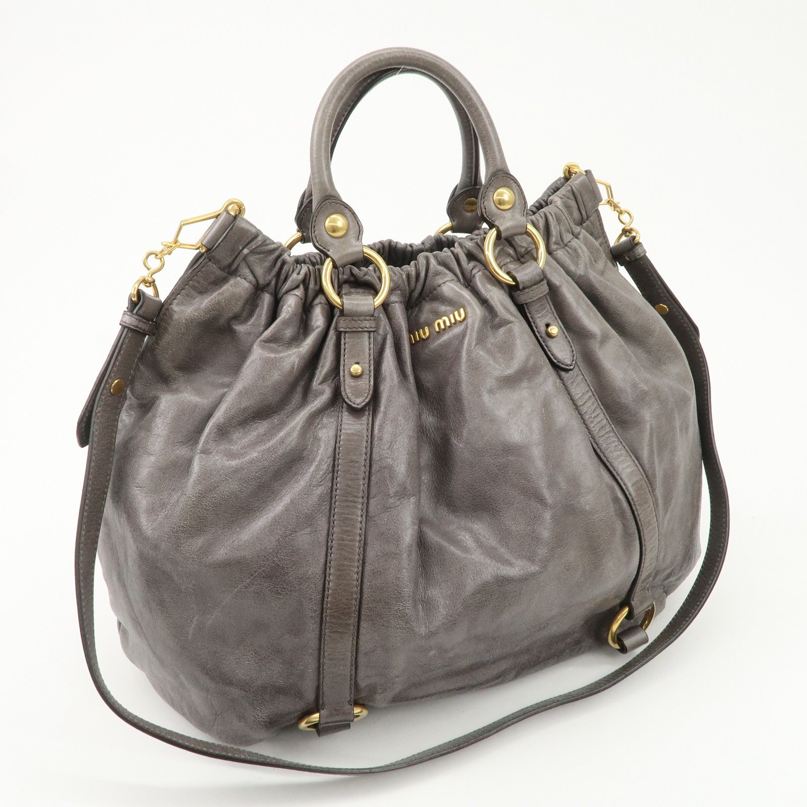 MIU MIU Leather 2Way Hand Bag Shoulder Bag Gray