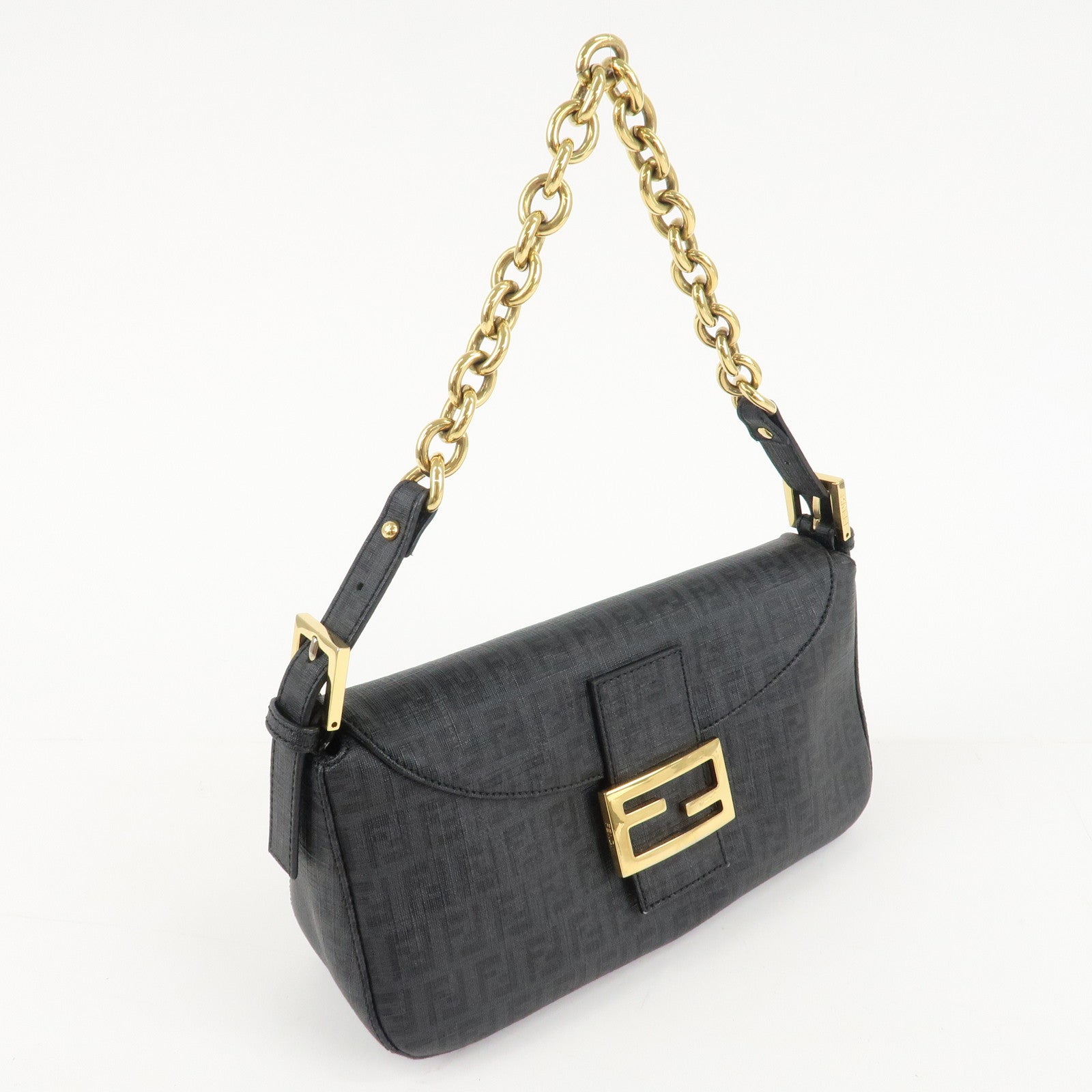 FENDI Zucchino PVC Leather Chain Shoulder Bag Gray Black 8BR003