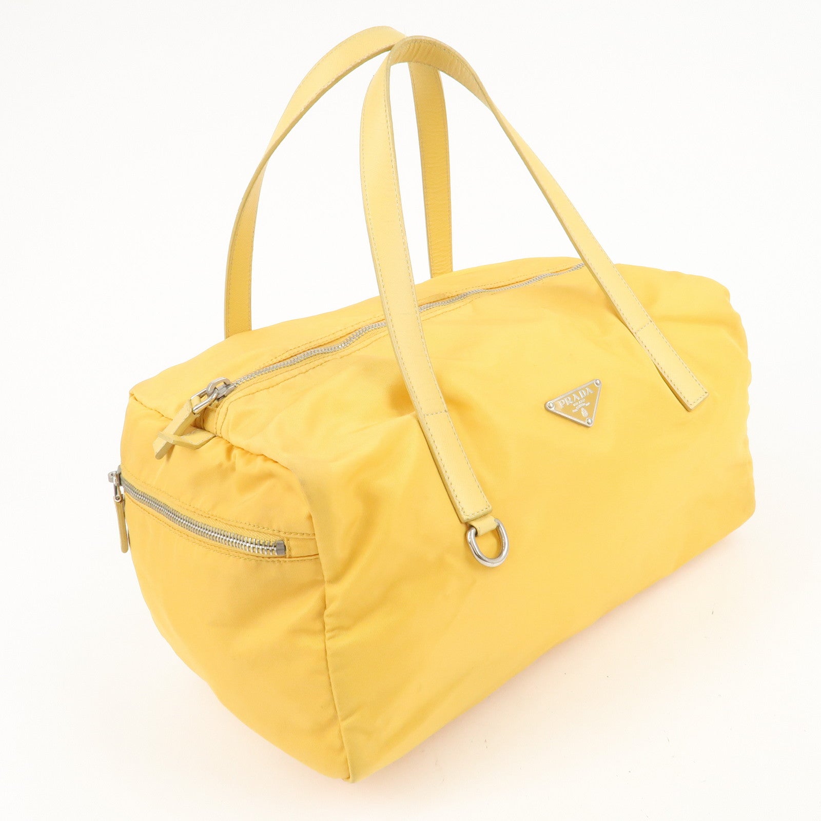 PRADA Logo Nylon Leather Boston Bag Shoulder Bag Yellow Silver