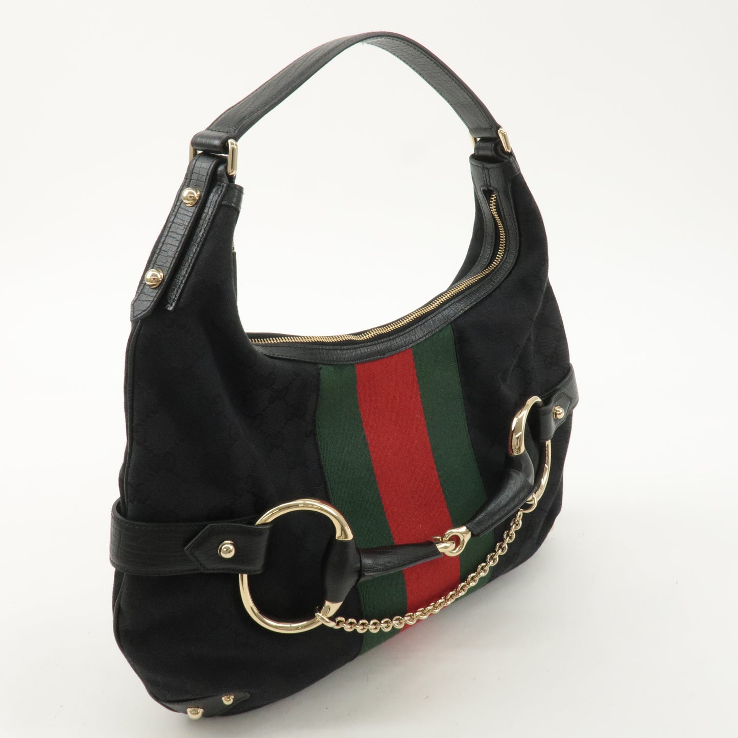 GUCCI Horsebit GG Canvas Leather Shoulder Bag Black 131026