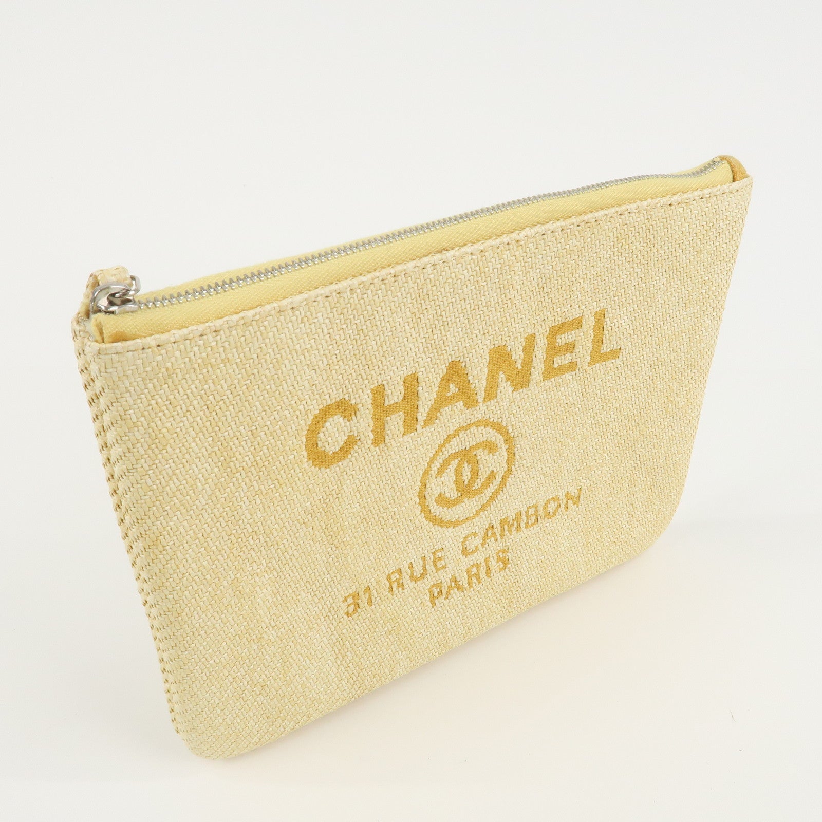 CHANEL Deauville Straw Clutch Bag Pouch Yellow A80117 Used