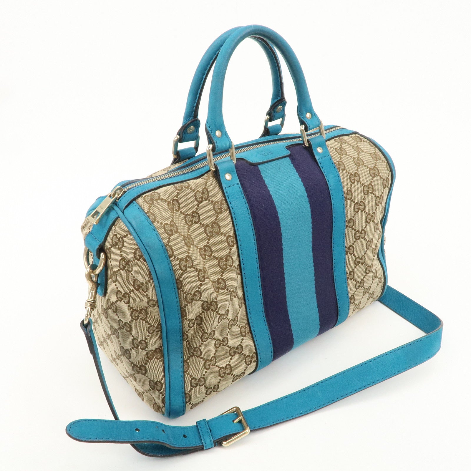 GUCCI Sherry GG Canvas Leather Boston Bag Beige Blue 247205