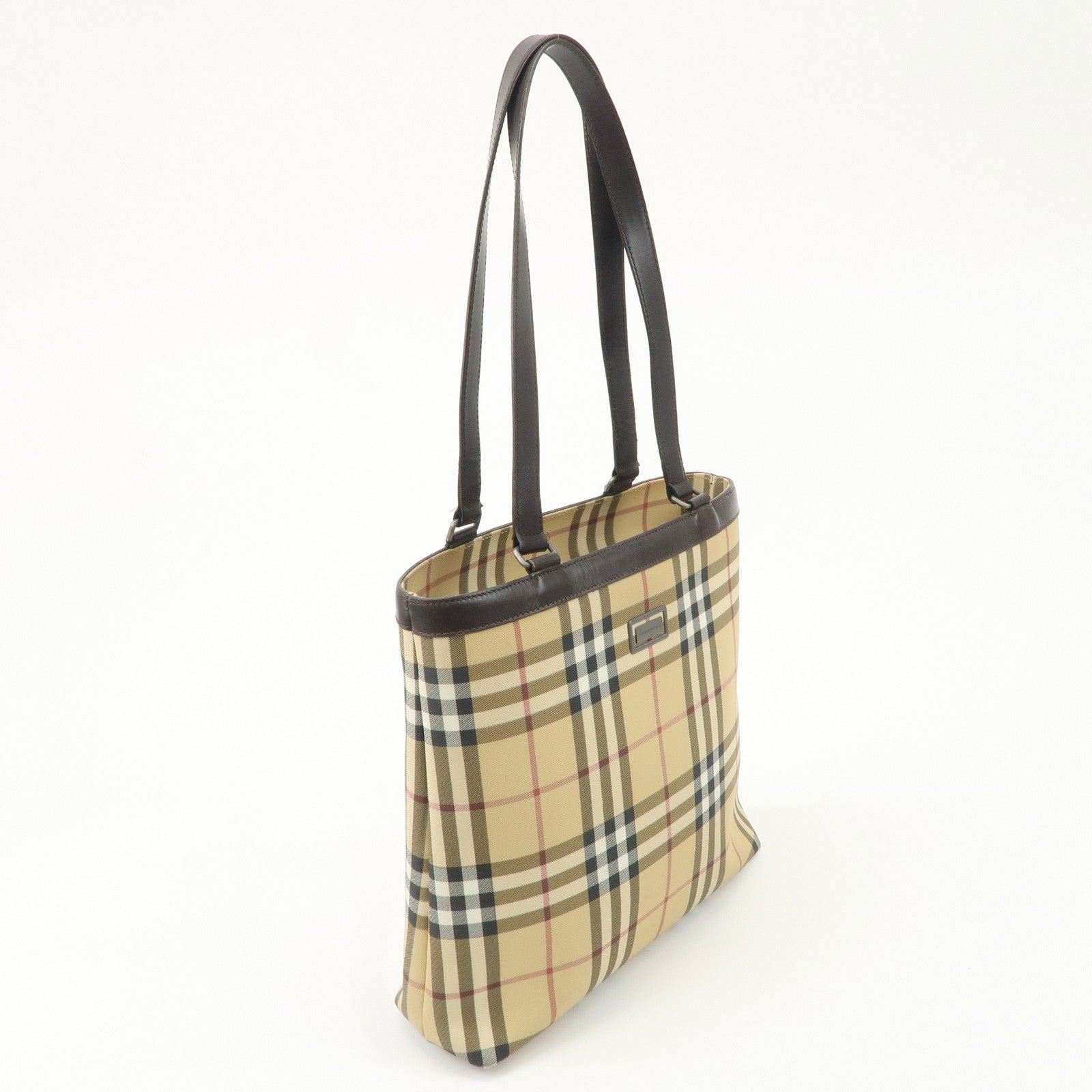 BURBERRY Nova Plaid PVC Leather Tote Bag Beige Brown