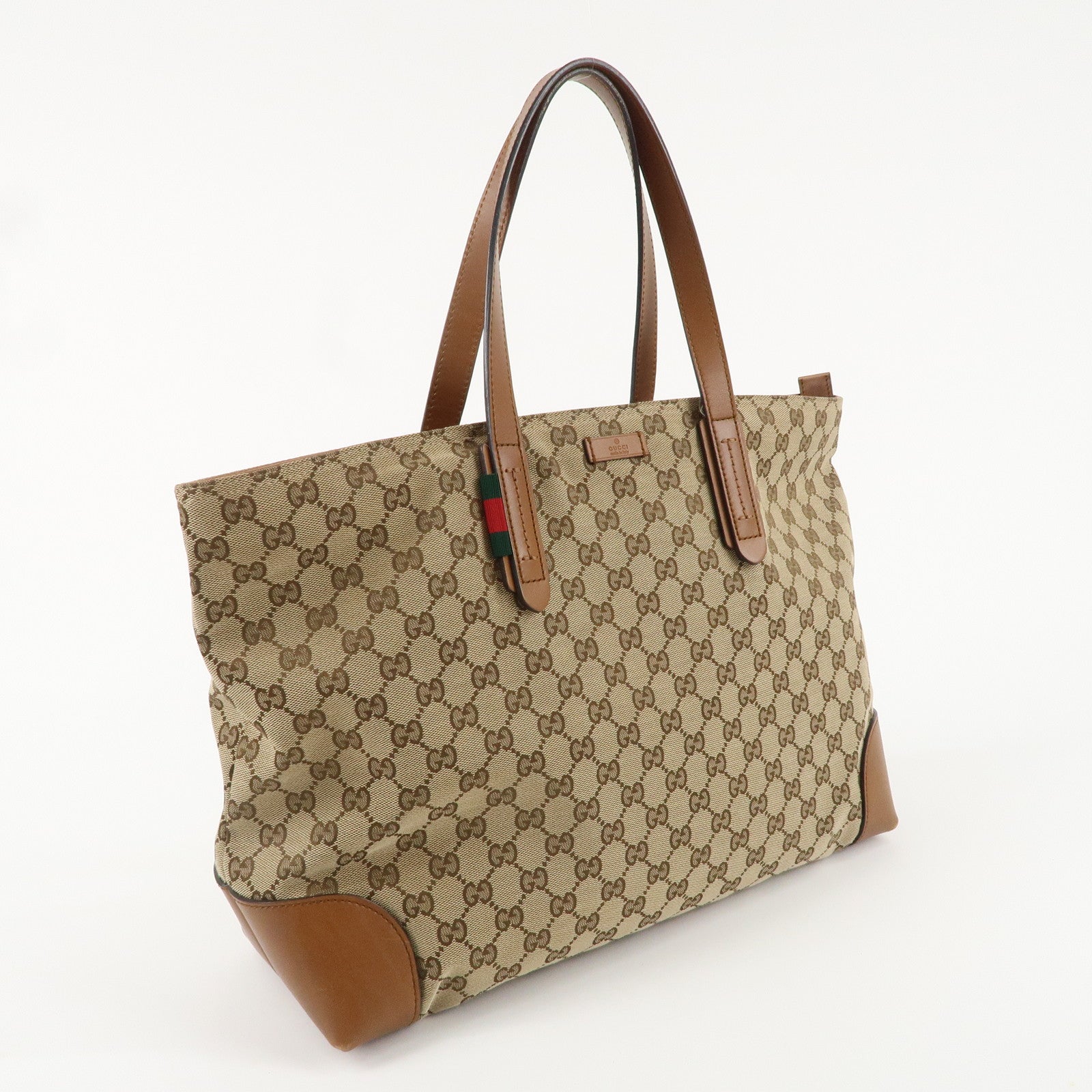 GUCCI Sherry GG Canvas Leather Tote Bag Beige Brown 308928