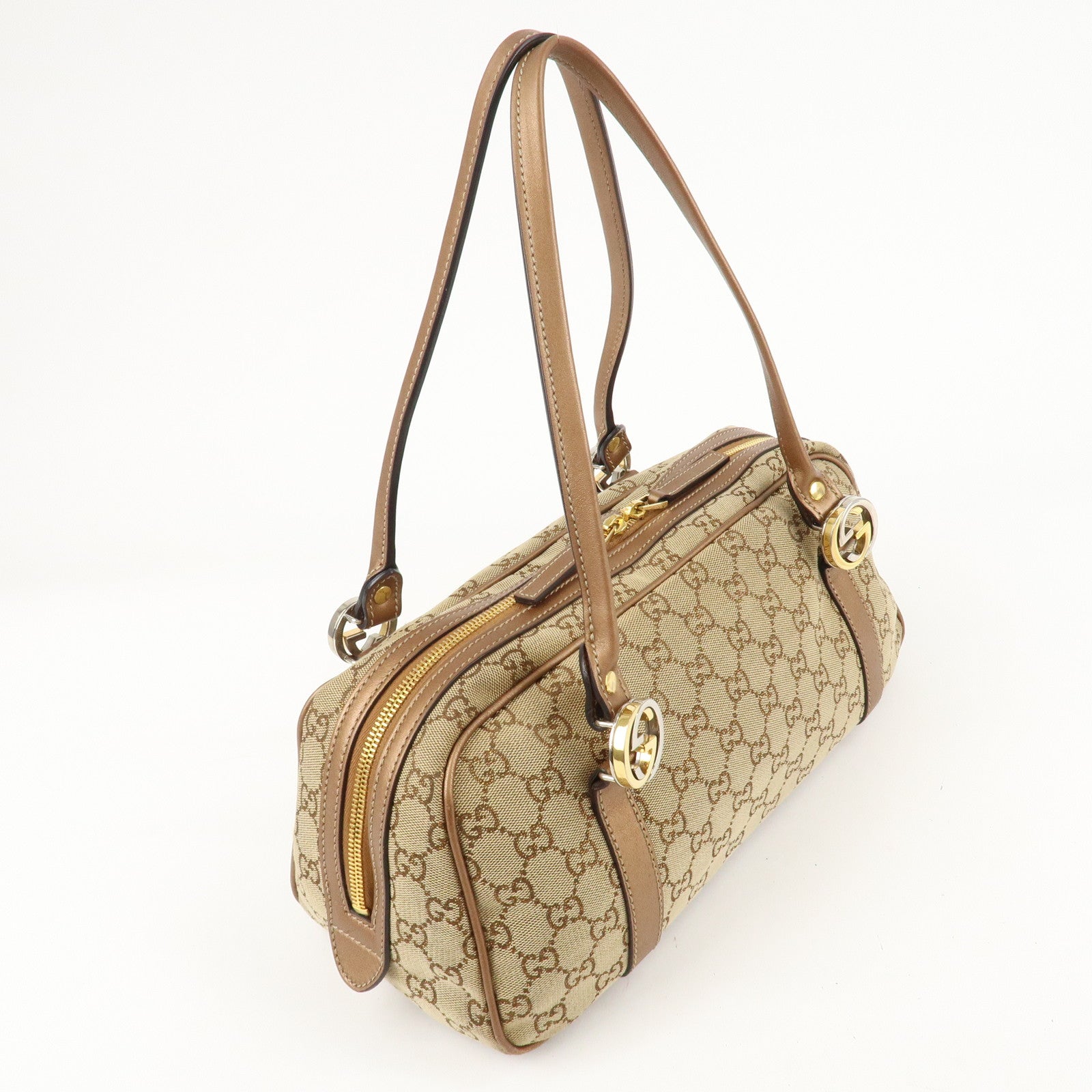 GUCCI GG Twins GG Canvas Leather Shoulder Bag Beige Brown 232958