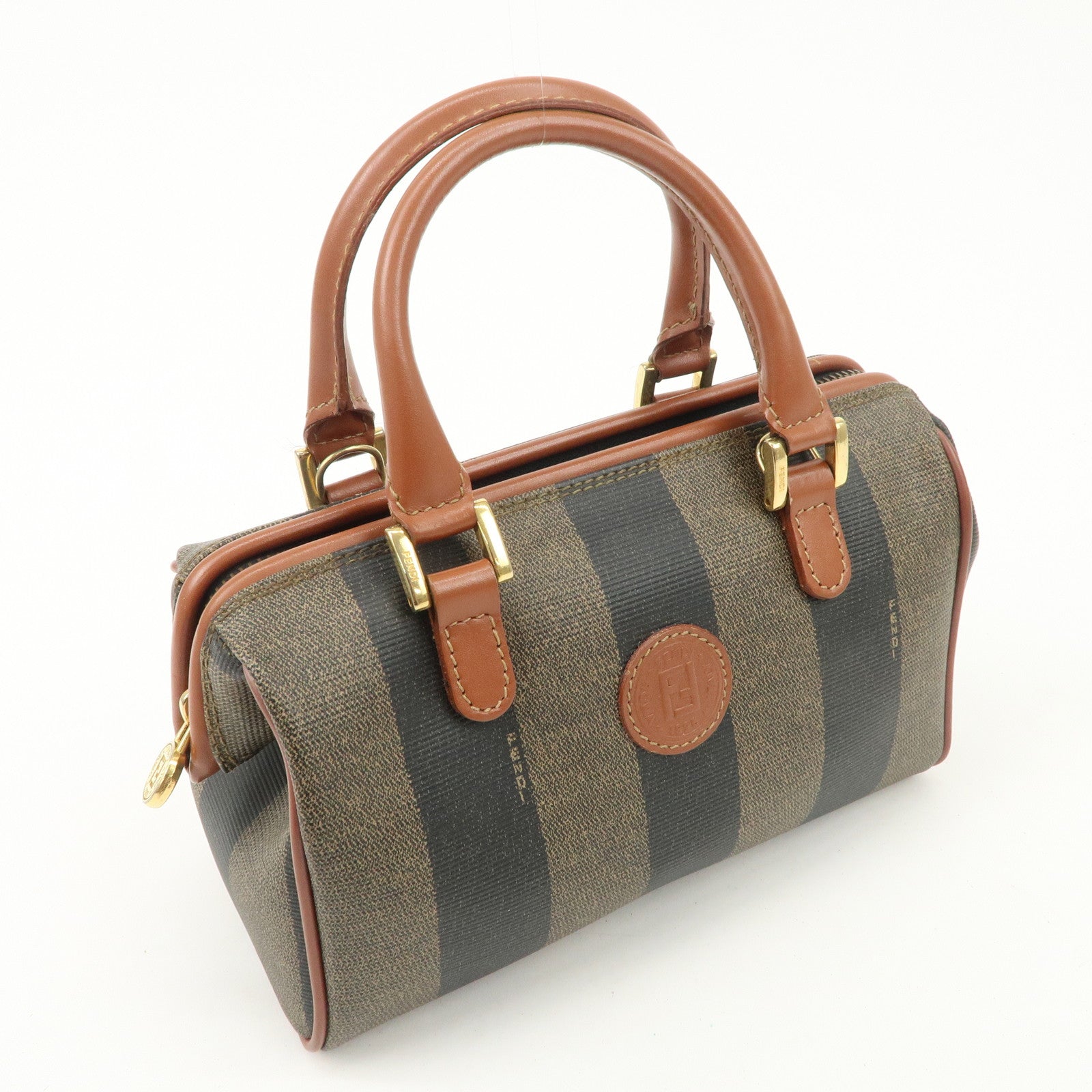 FENDI Pequin PVC Leather 2Way Mini Boston Bag Brown Black Used