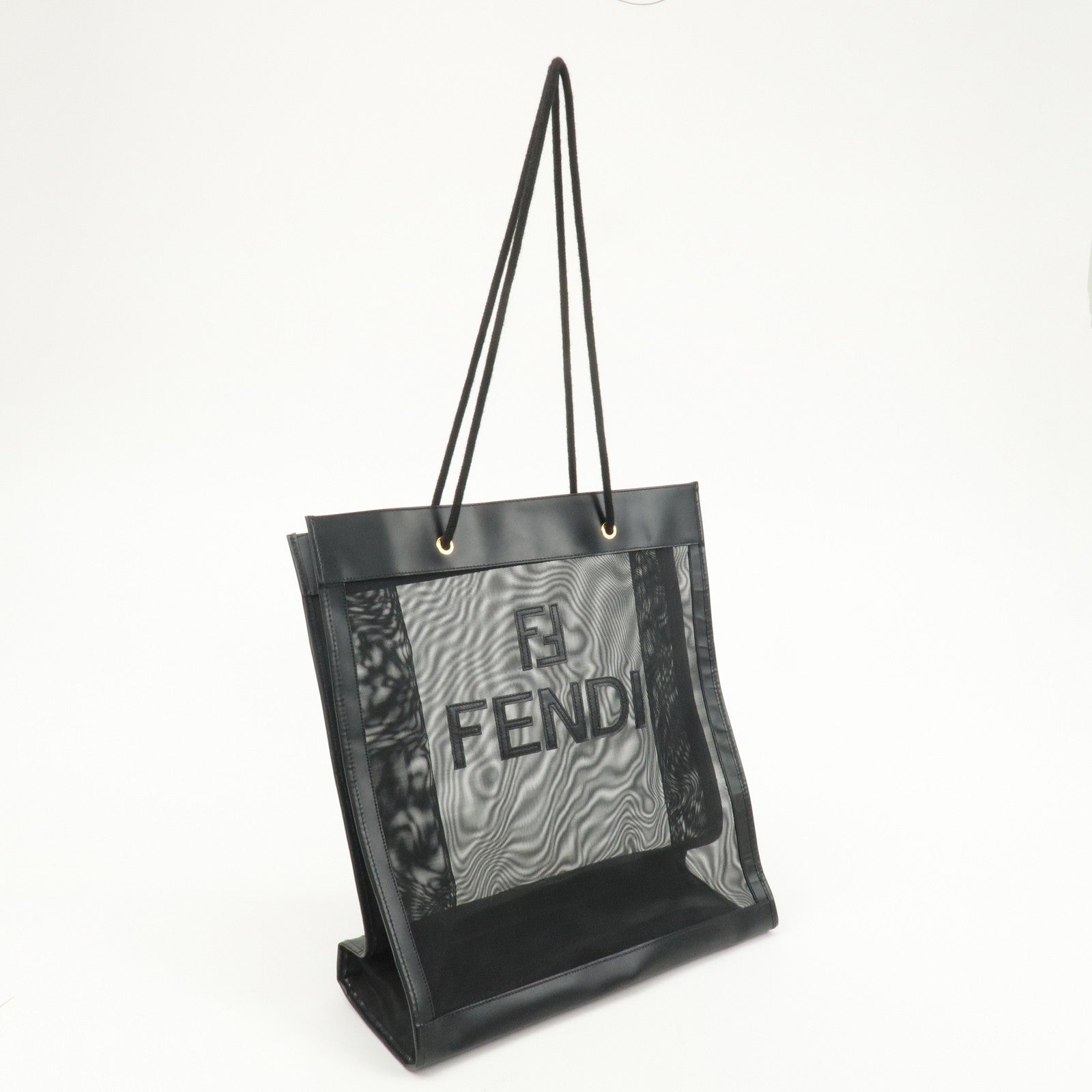 FENDI Mesh Leather Tote Bag Shoulder Bag Black 259642