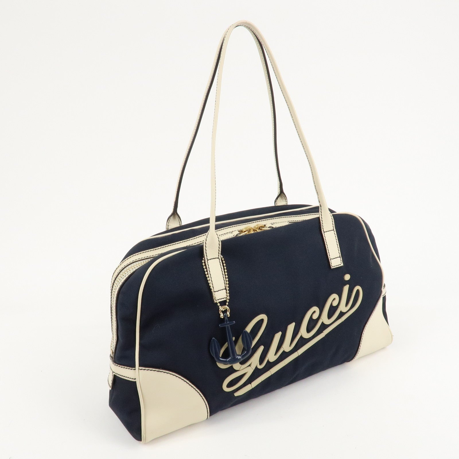 GUCCI Canvas Leather Boston Bag Hand Bag Navy Ivory 169973