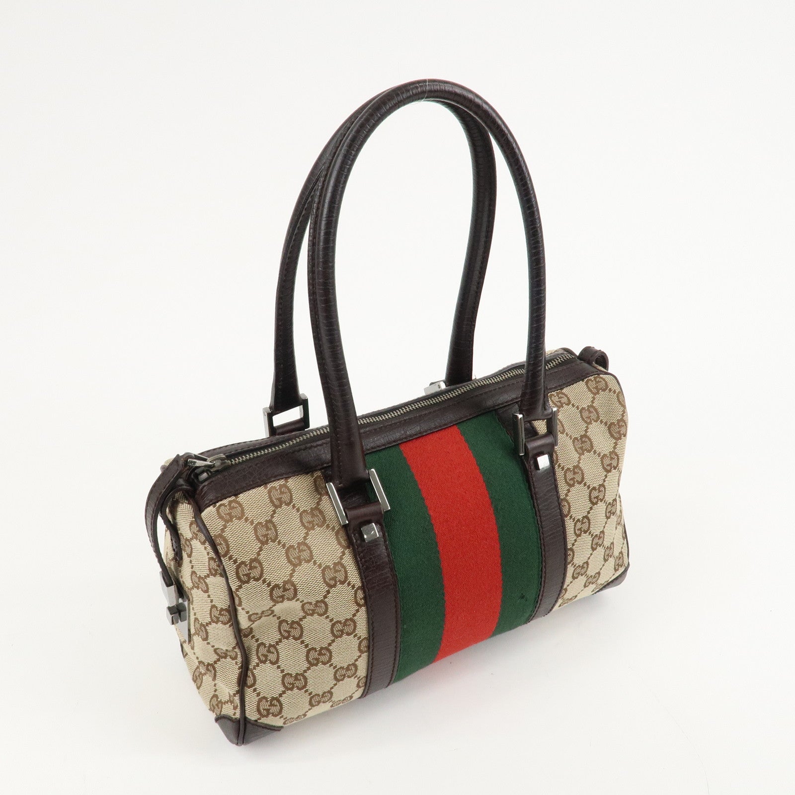 GUCCI GG Canvas Leather Mini Boston Bag Beige Brown 30458