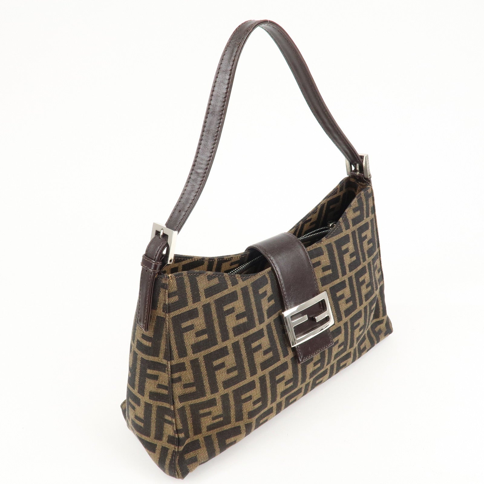 FENDI Zucca Canvas Leather Shoulder Bag Brown Black 9161150001