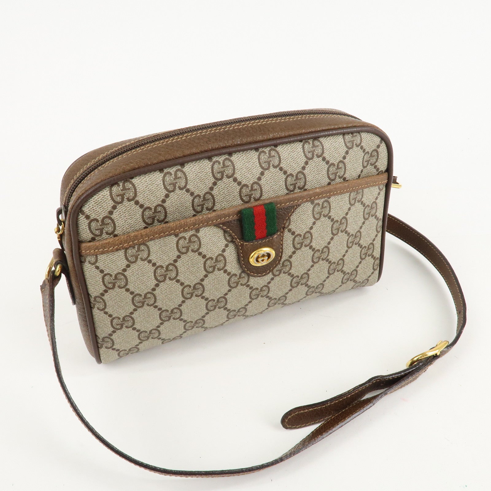 GUCCI Old GUCCI Sherry GG Plus Leather Shoulder Bag Beige Brown Used