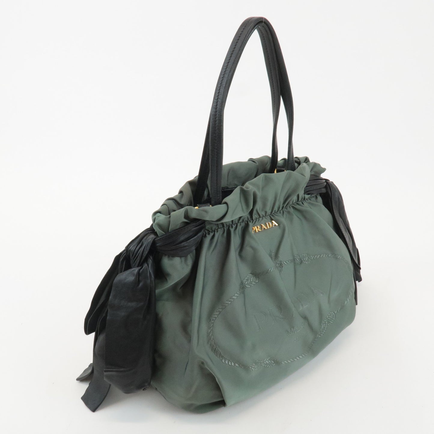 PRADA Nylon Leather Tote Bag Shoulder Bag Green Black