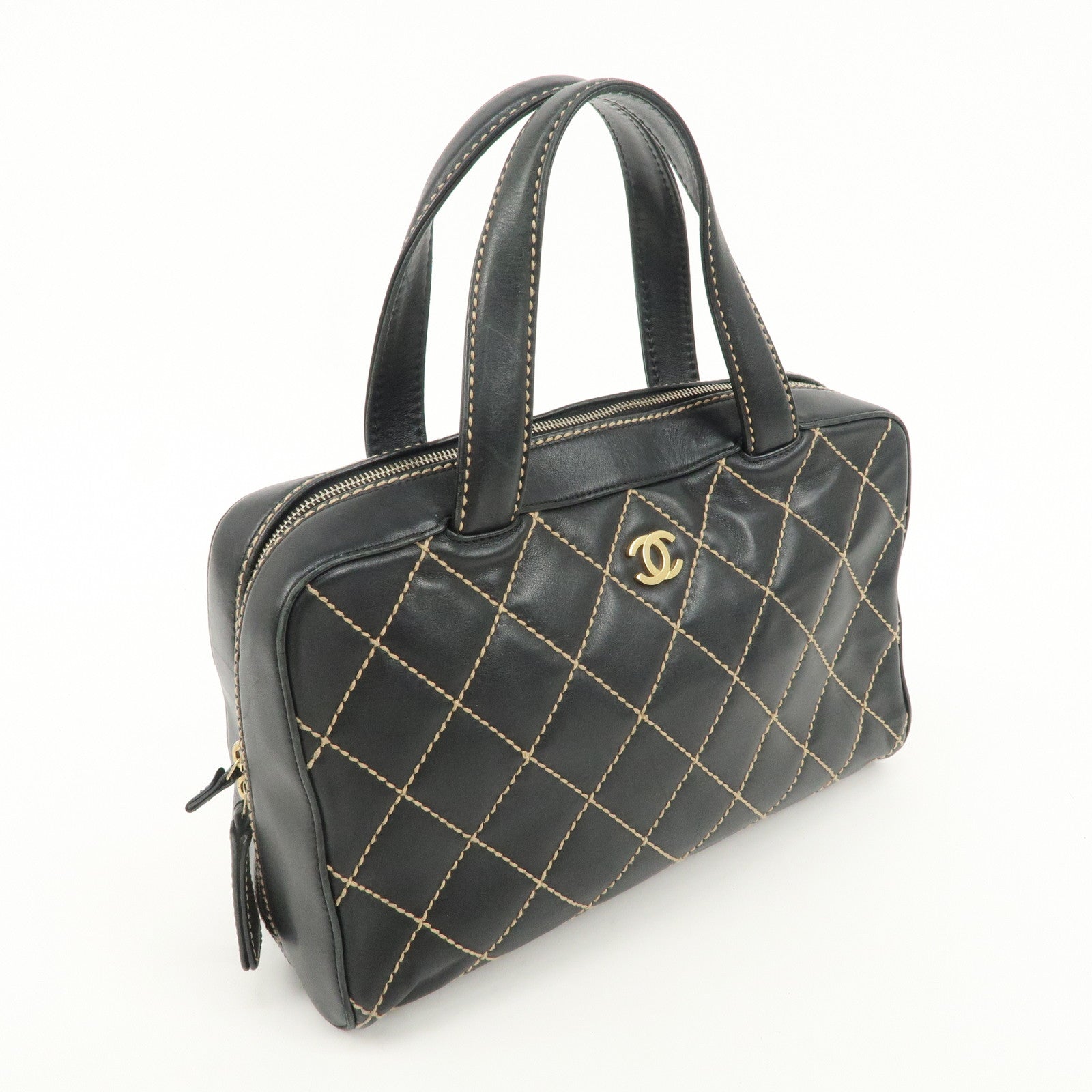 CHANEL Wild Stitch Lamb Skin COCO Mark Hand Bag Black A14692