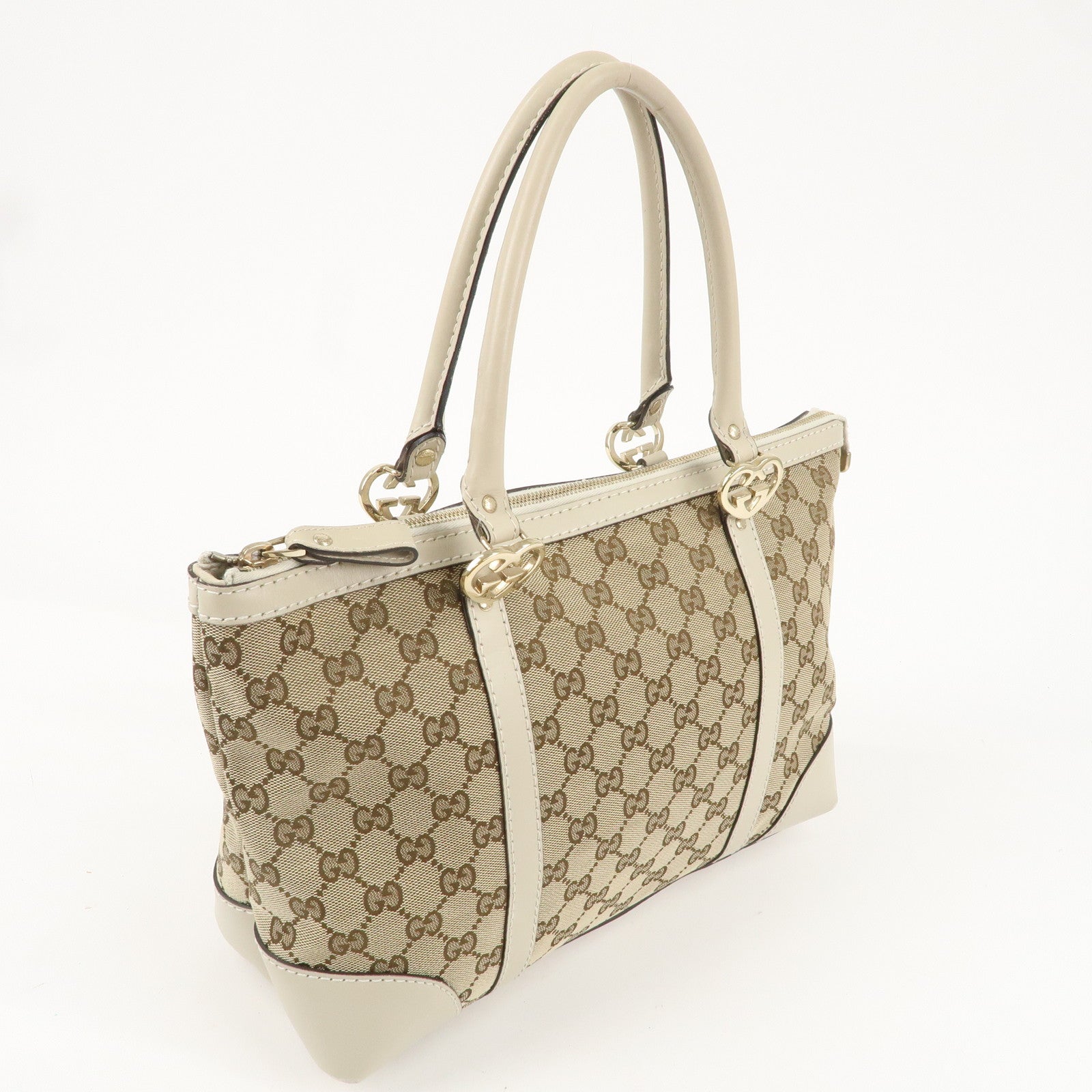 GUCCI Lovely GG Canvas Leather Tote Bag Hand Bag Ivory 257069