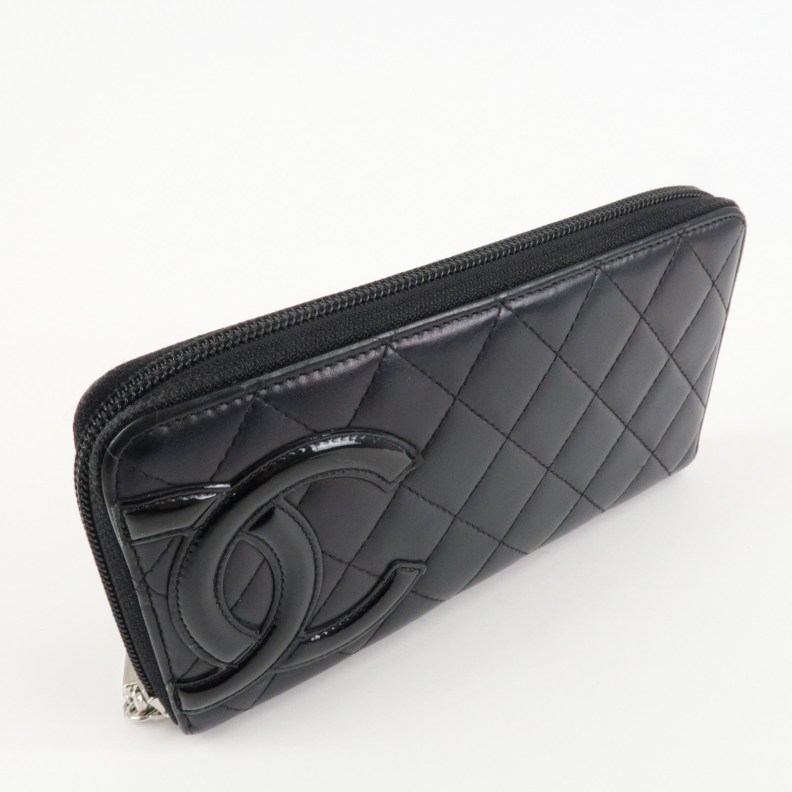 CHANEL Cambon Line Patent Leather Zip Around Long Wallet A50078 Used