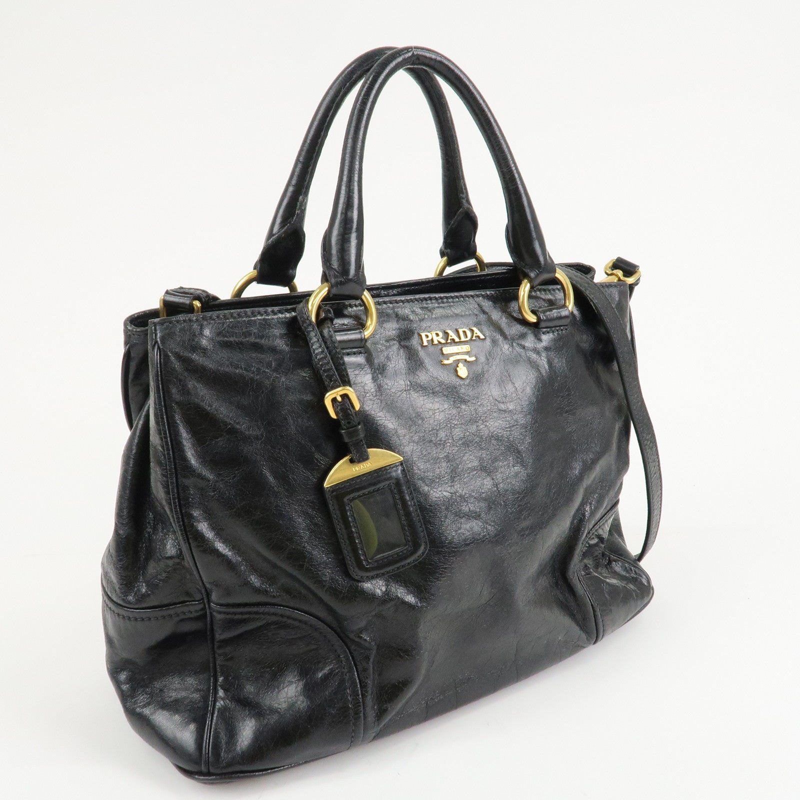 PRADA Leather 2way Bag Hand Bag Shoulder Bag Black Gold HDW