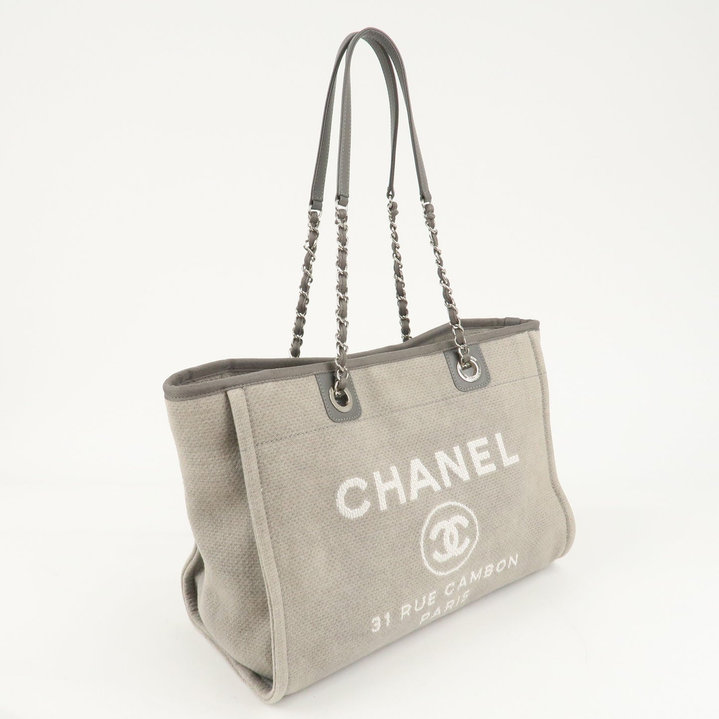 CHANEL Deauville Canvas Leather Chain Tote Bag Gray A67001