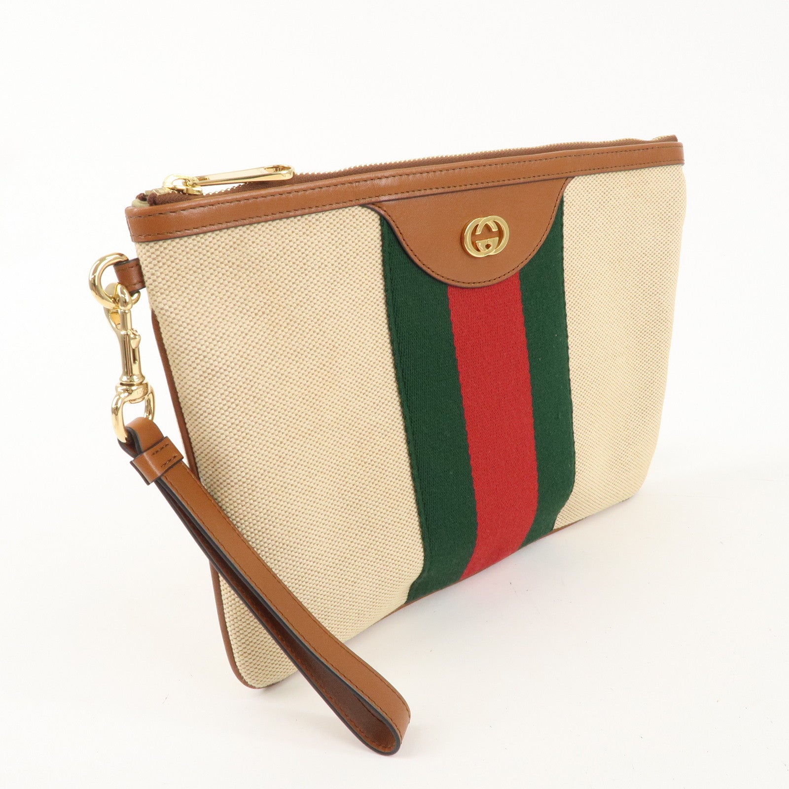 GUCCI Sherry Interlocking G Canvas Leather Clutch Bag Beige 576053