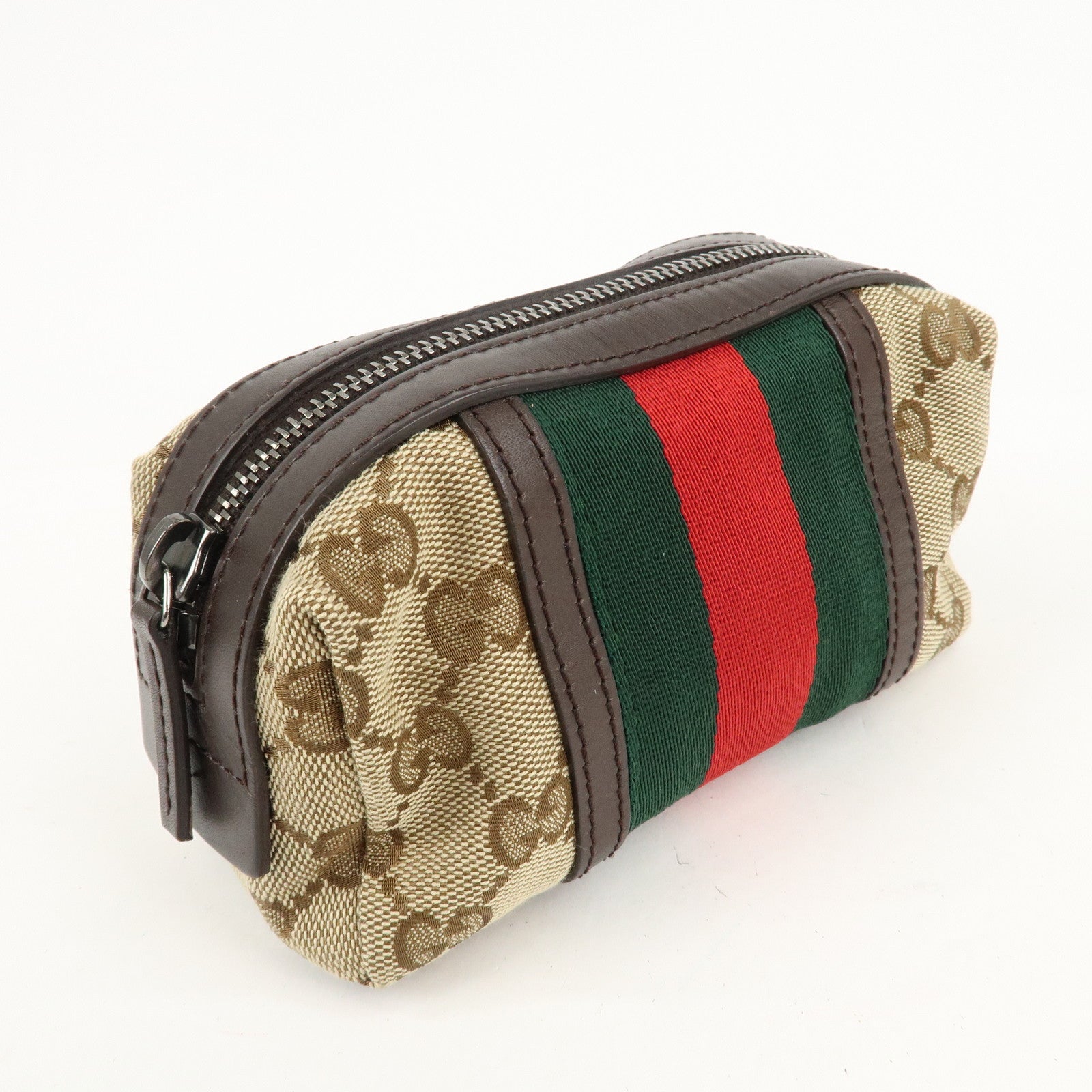 GUCCI Sherry GG Canvas Leather Pouch Beige Brown 256636