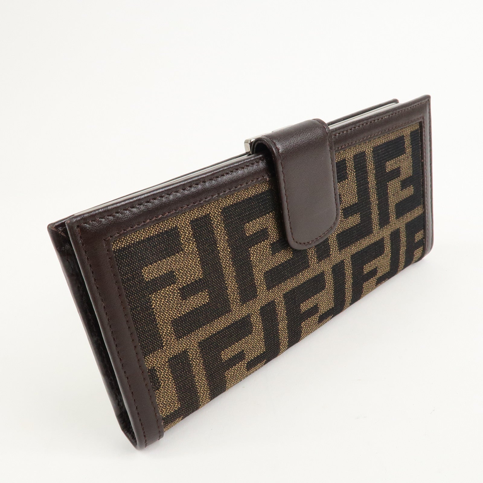 FENDI Zucca Canvas Leather Bi-fold Long Wallet Brown Black 1690