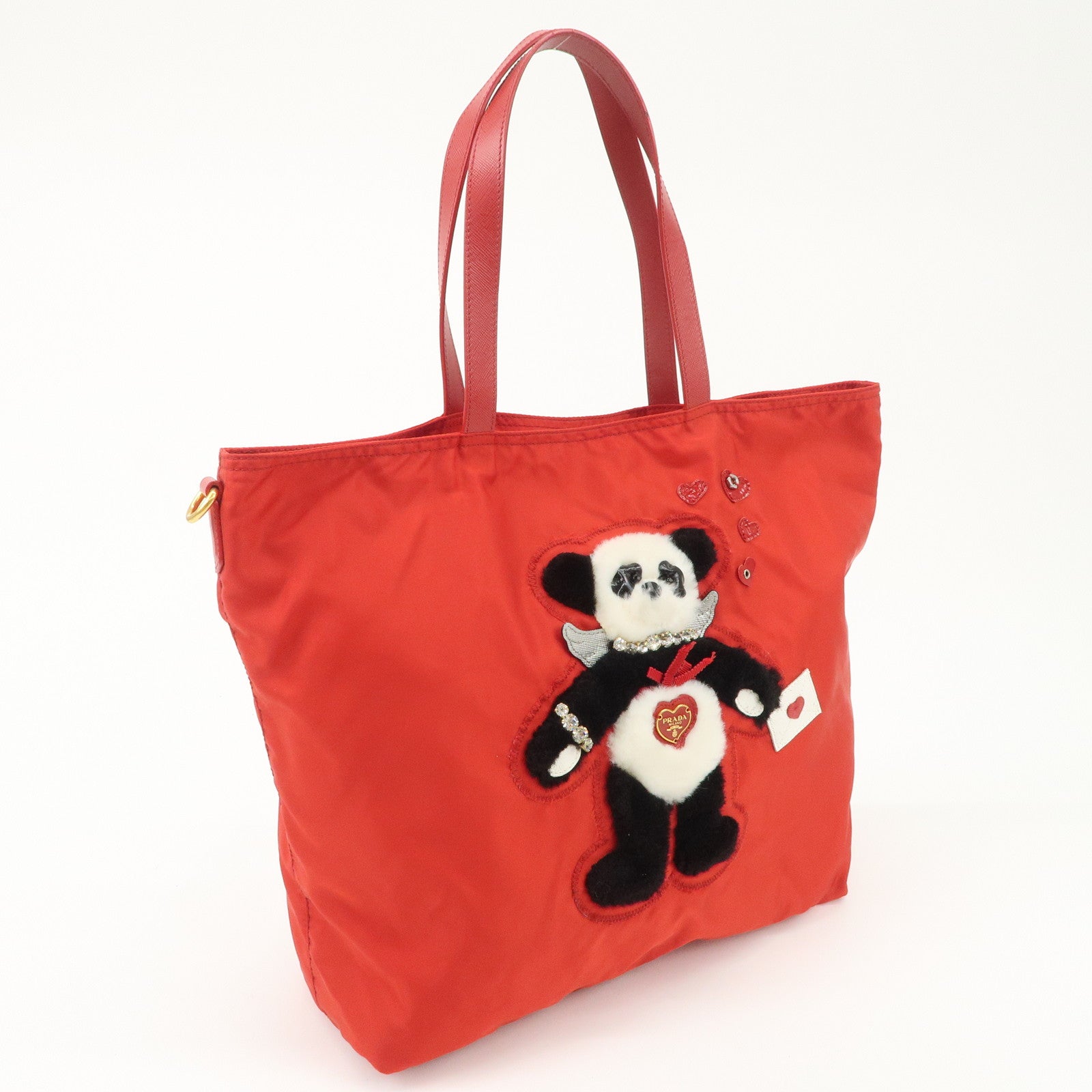 AuthenticPRADA Nylon Leaather Panda Tote Bag Shoudler Bag Red BR4249