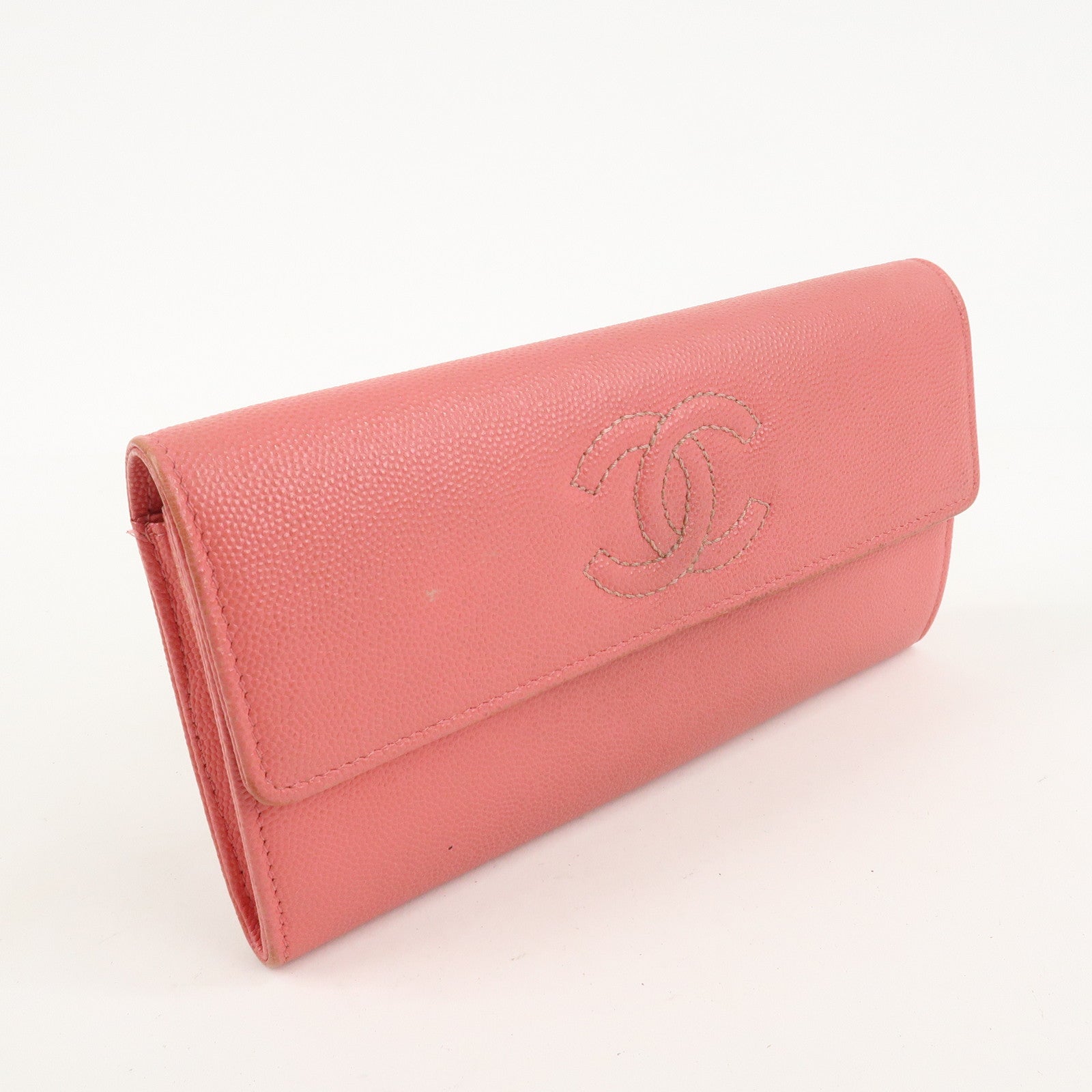 CHANEL Caviar Skin Coco Mark Bi-fold Long Wallet Pink