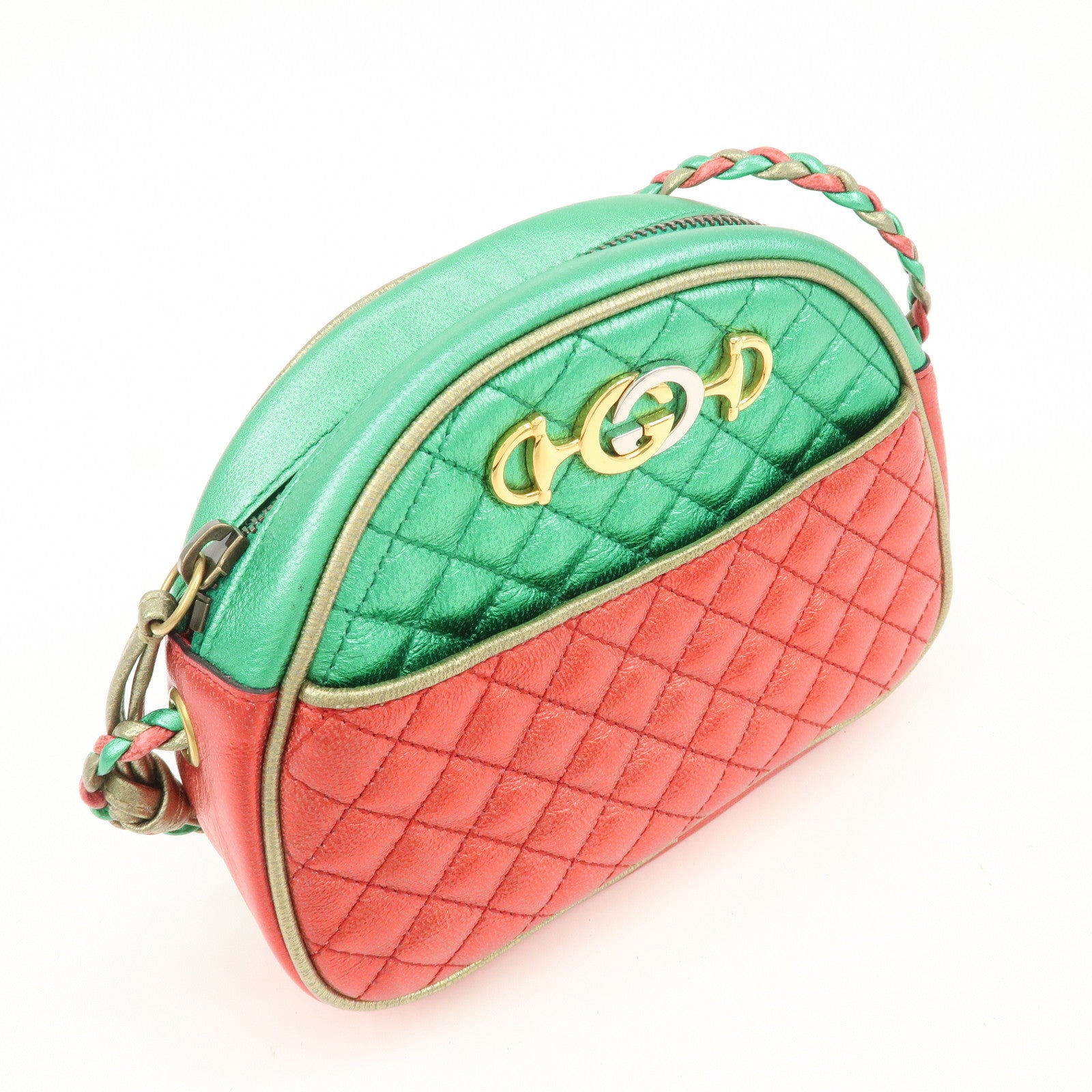 GUCCI Laminate Quilting Leather Shoulder Bag Green Red Gold 534951