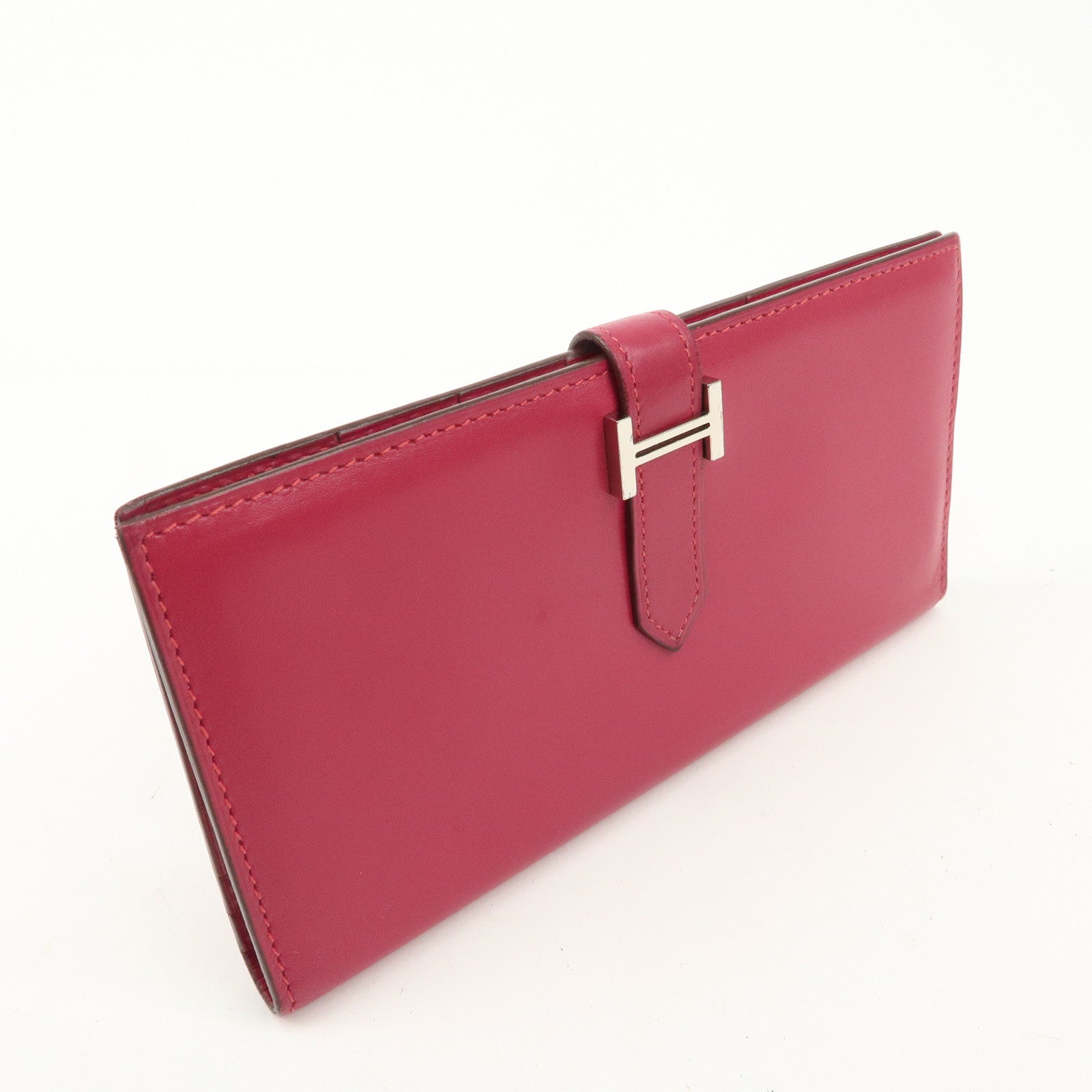 HERMES Leather Bearn I Engraved Long Wallet Pink Used