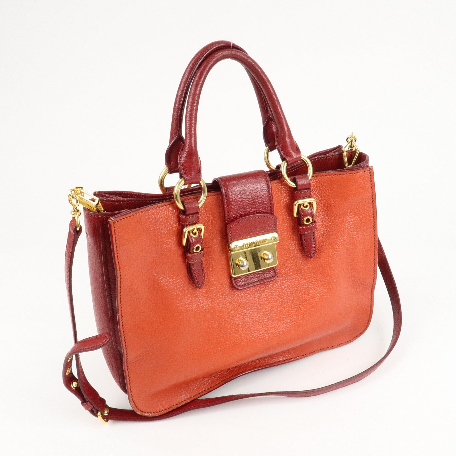 MIU MIU Leather MADRAS BICOLORE 2WAY Bag Hand Bag Orange Used