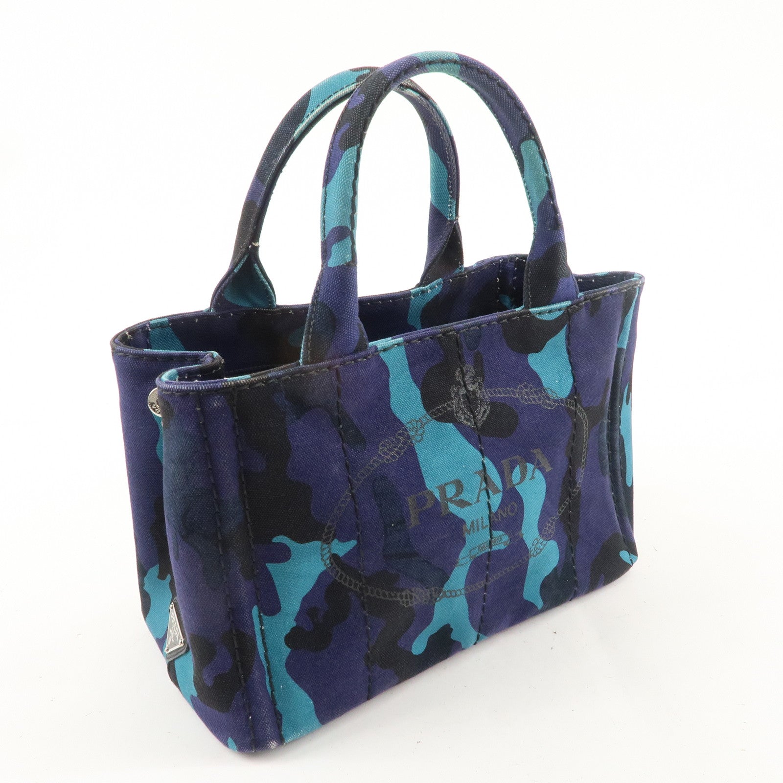 PRADA Logo Canapa Canvas Tote Bag Hand Bag Camouflage Blue B2642B