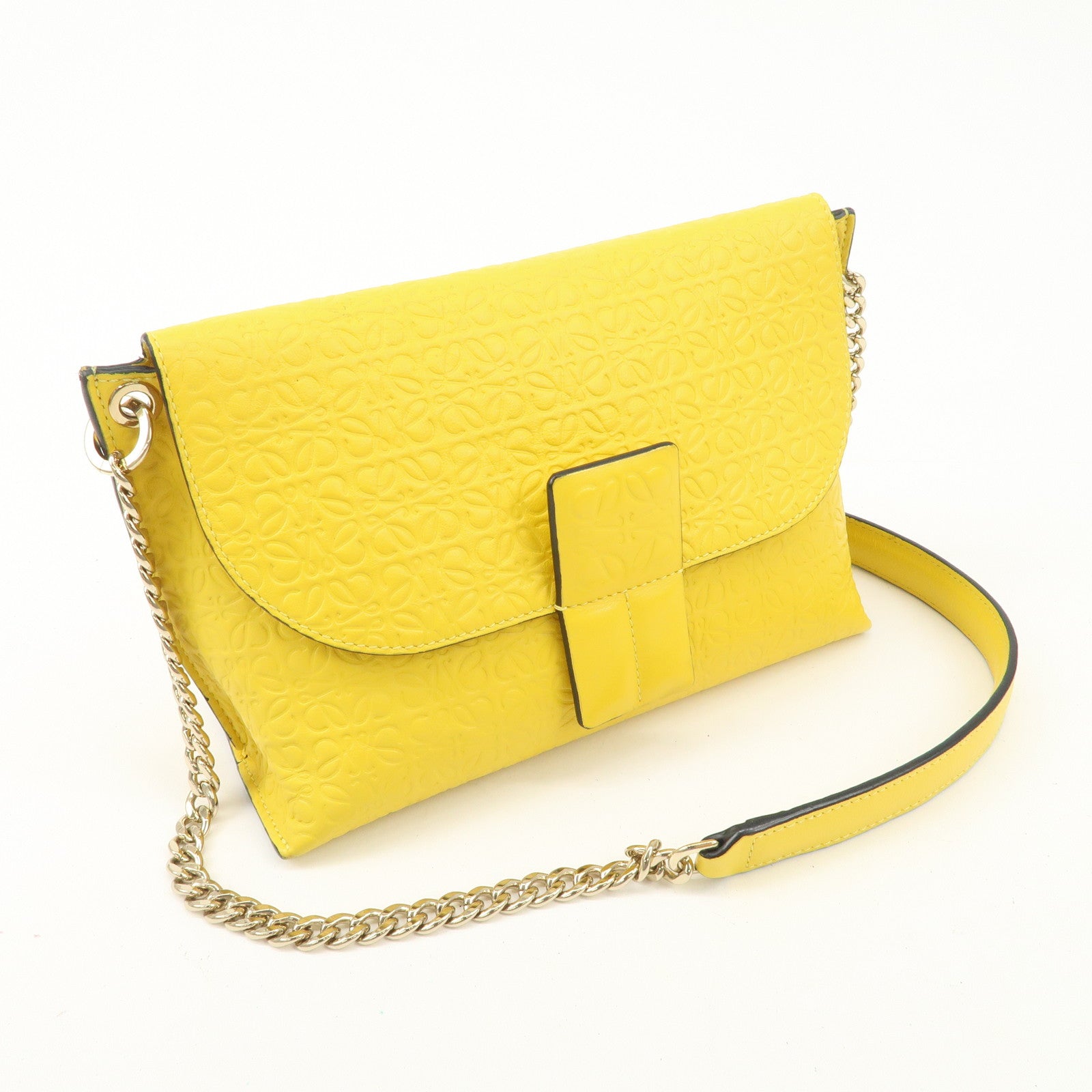 LOEWE Anagram Leather Avenue Chain Shoulder Bag Hand Bag Yellow Used