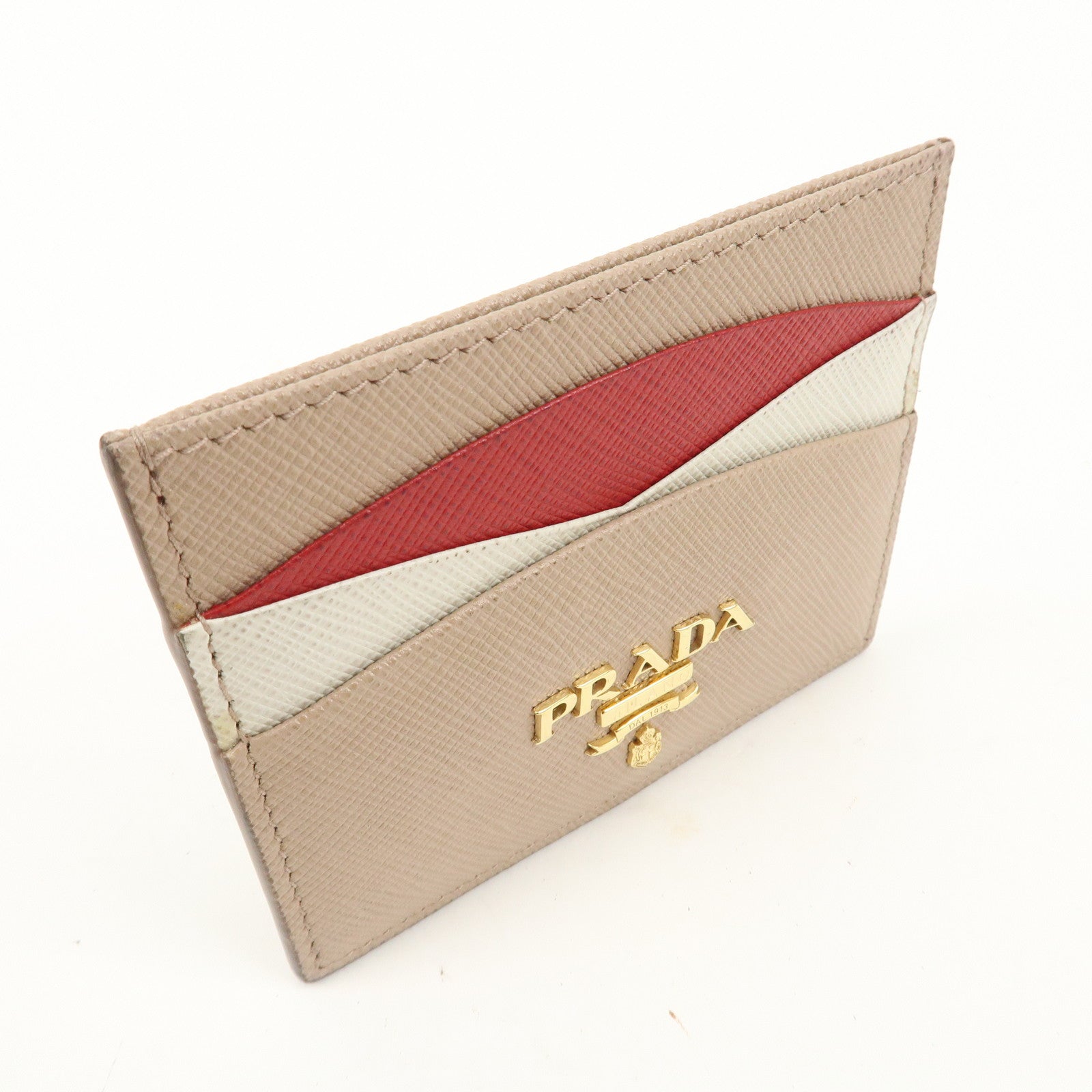 PRADA Logo Saffiano Leather Card Case Card Holder Pink Beige