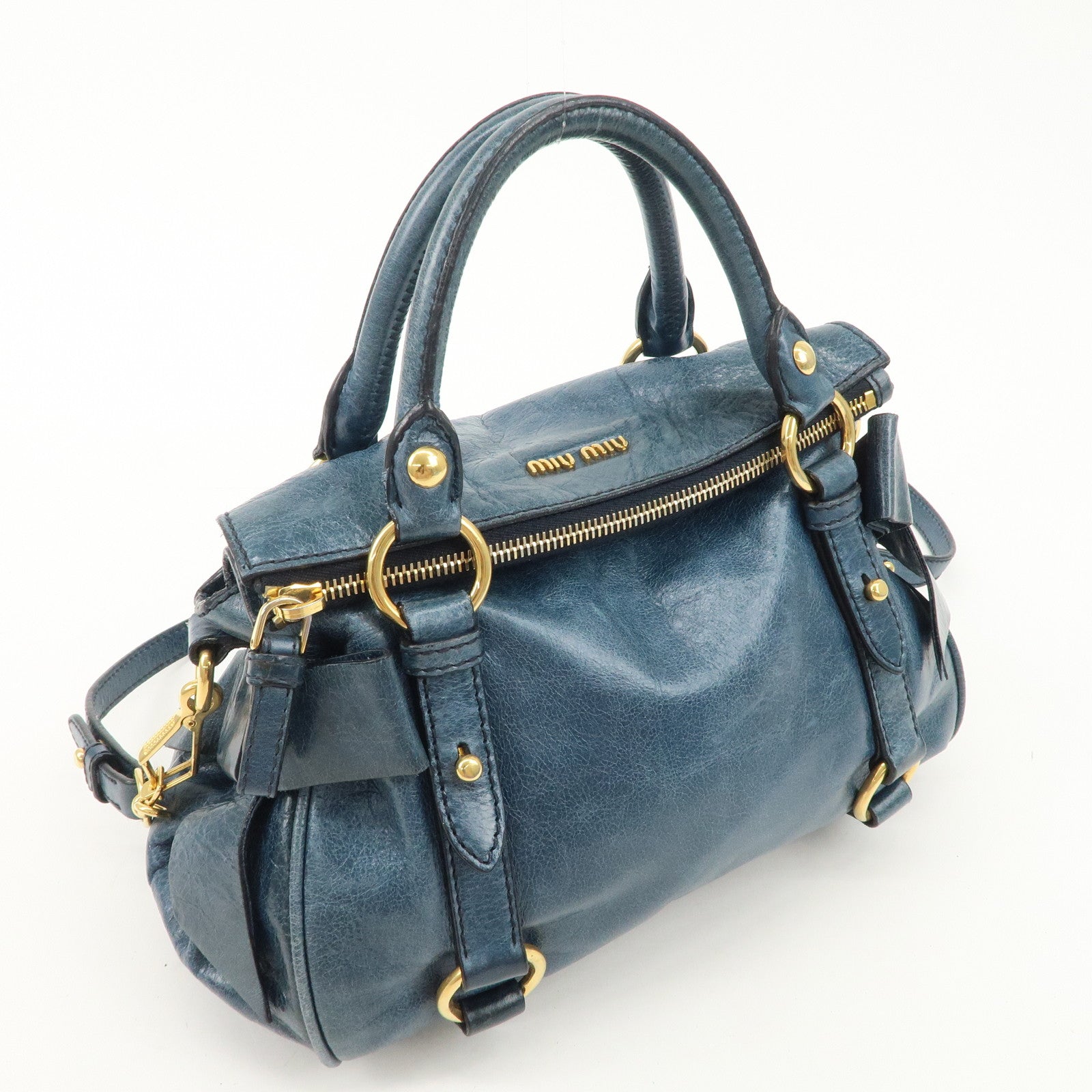 MIU MIU Logo Leather 2Way Bag Hand Bag Shoulder Bag Blue RT0438