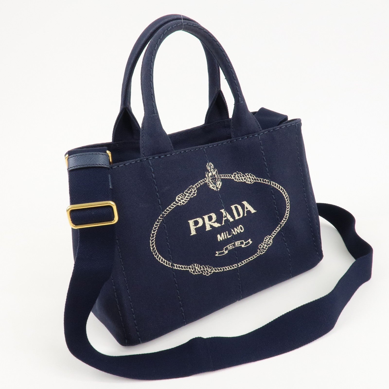 PRADA Canapa Mini Canvas Tote Bag Hand Bag Navy 1BG439