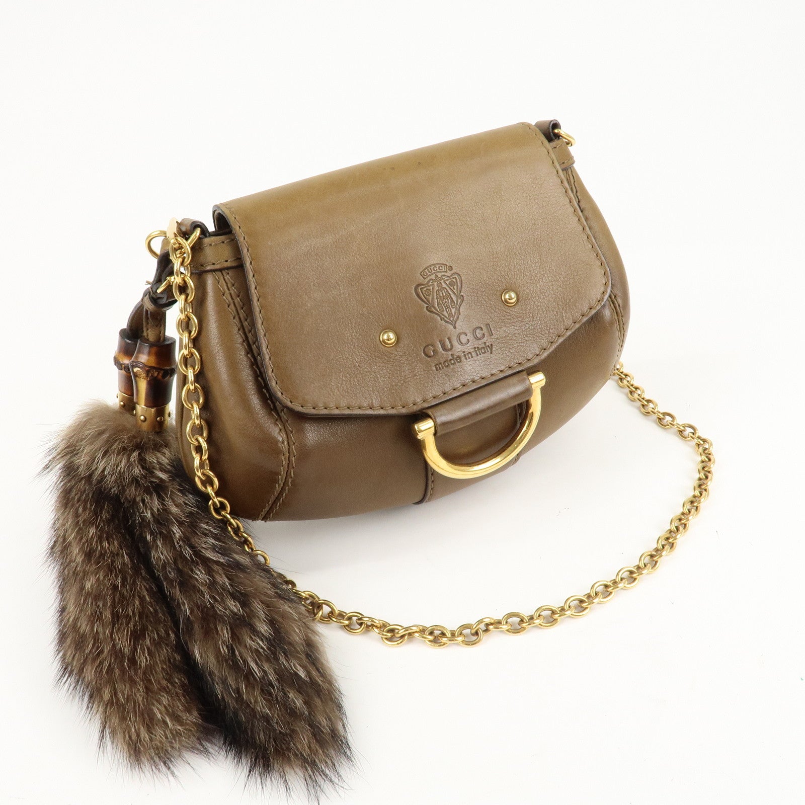 GUCCI Bamboo Historia Leather Raccoon Fur Shoulder Bag 269927 Used