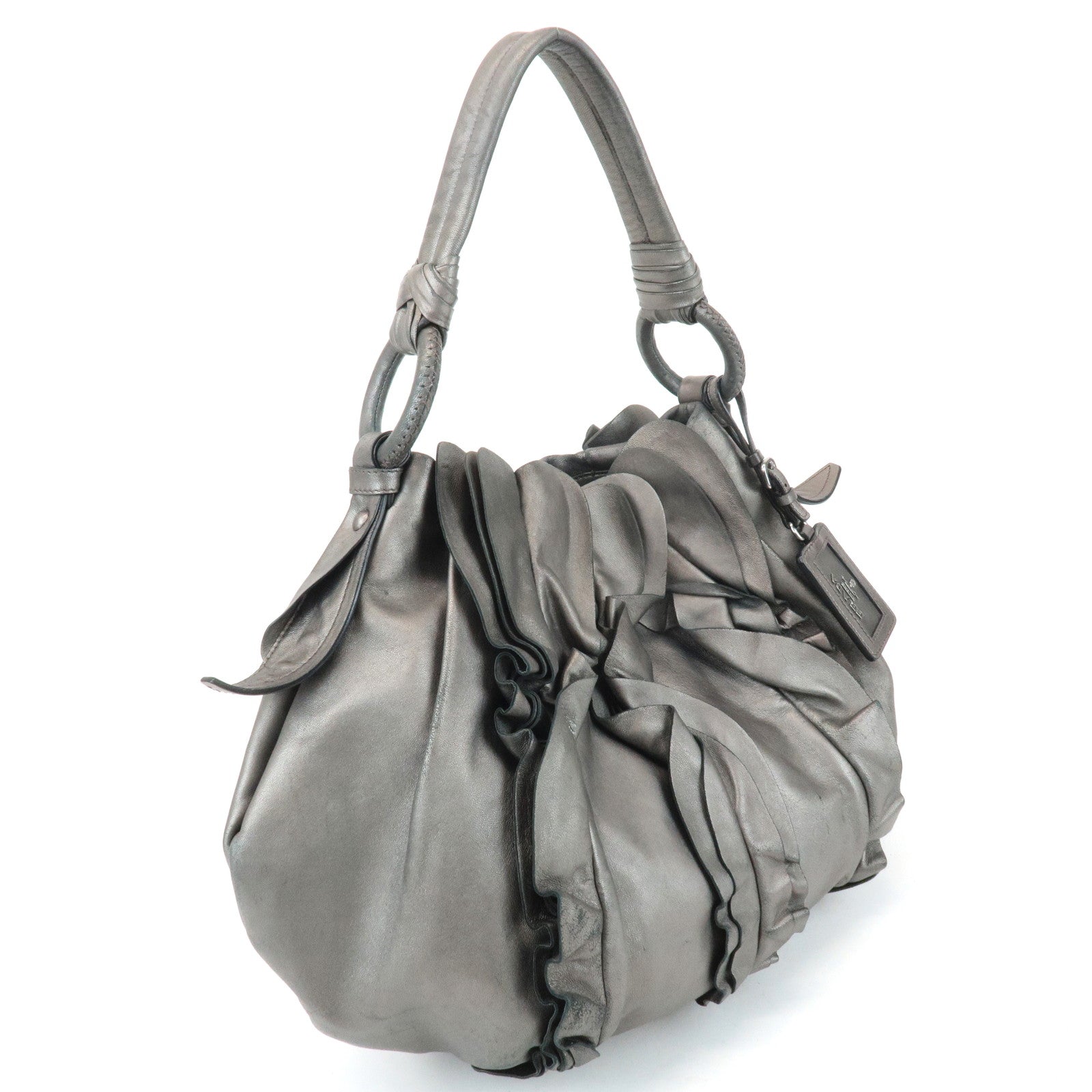 PRADA Leather Gathered 2WAY Shoulder Bag Hand Bag Silver Gray Used