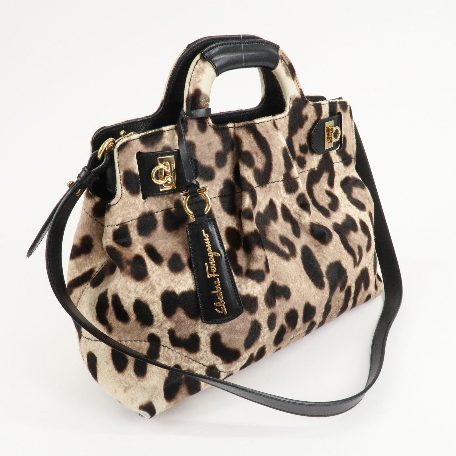 Ferragamo Gancini Unborn Calf Leather 2Way Bag Leopard Hand Bag