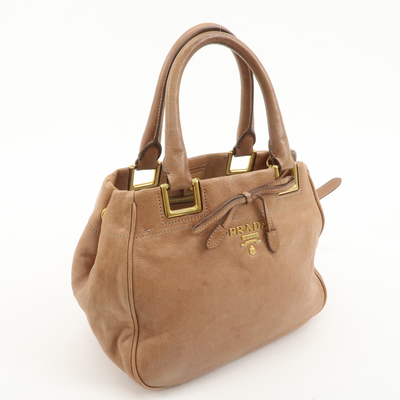 PRADA Leather Ribbon 2Way Hand Bag Shoulder Bag Beige BN2245