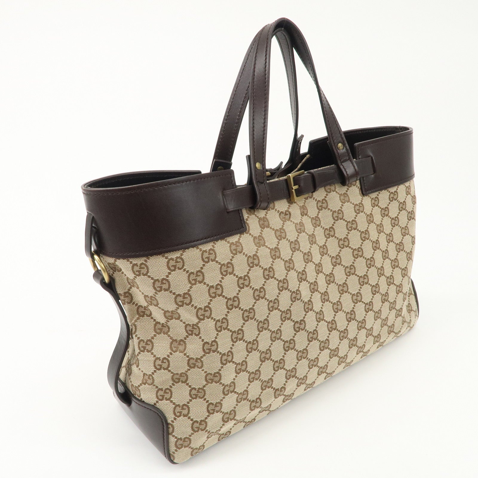GUCCI GG Canvas Leather Tote Bag Beige Dark Brown 106251 Used