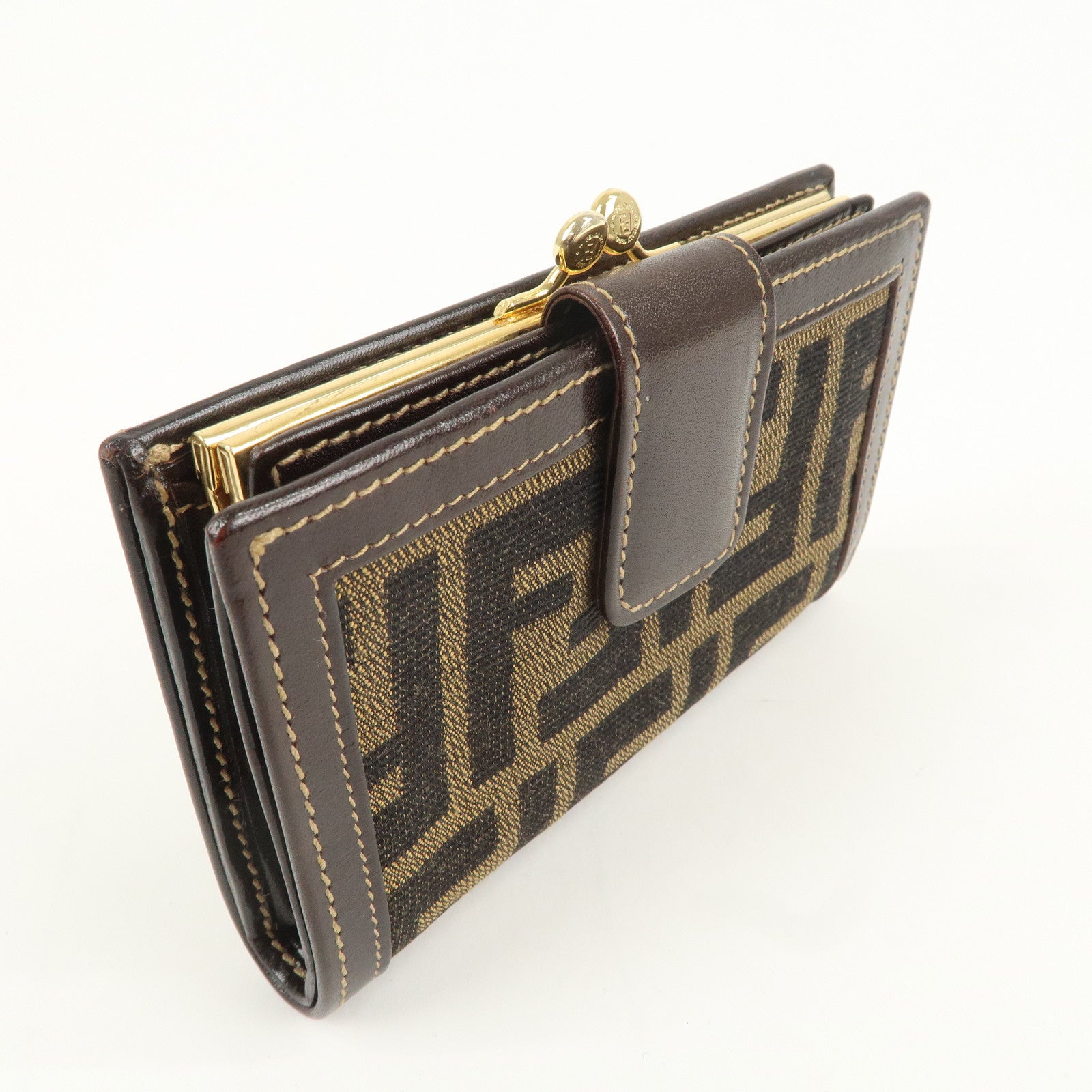 FENDI Zucca Canvas Leather Kiss Lock Bi-fold Wallet Brown 1692