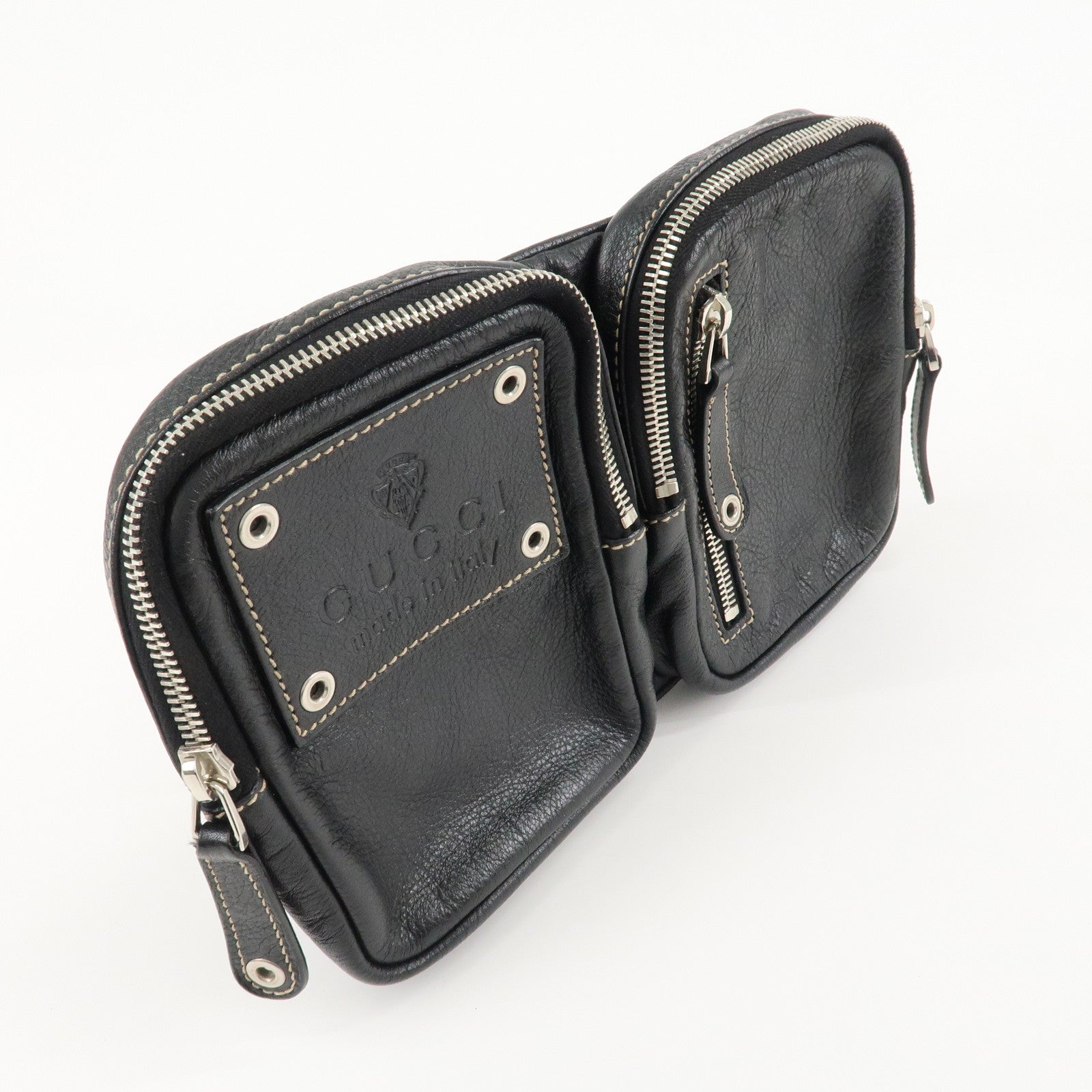 GUCCI Leather Nylon Waist Bag Cross Body Bag Black 201846 Used