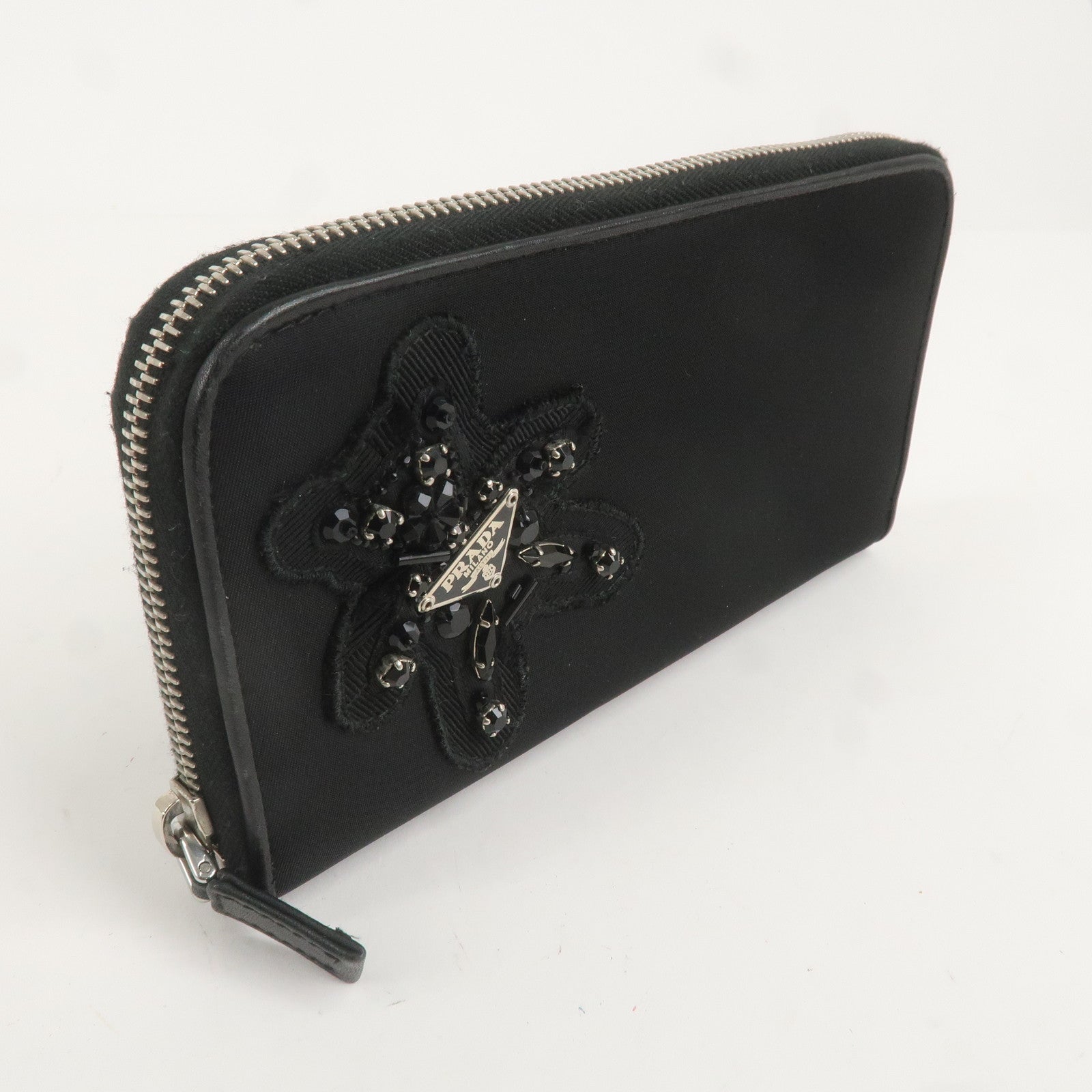 PRADA Evening Bear Nylon Leather Zippy Long Wallet Black