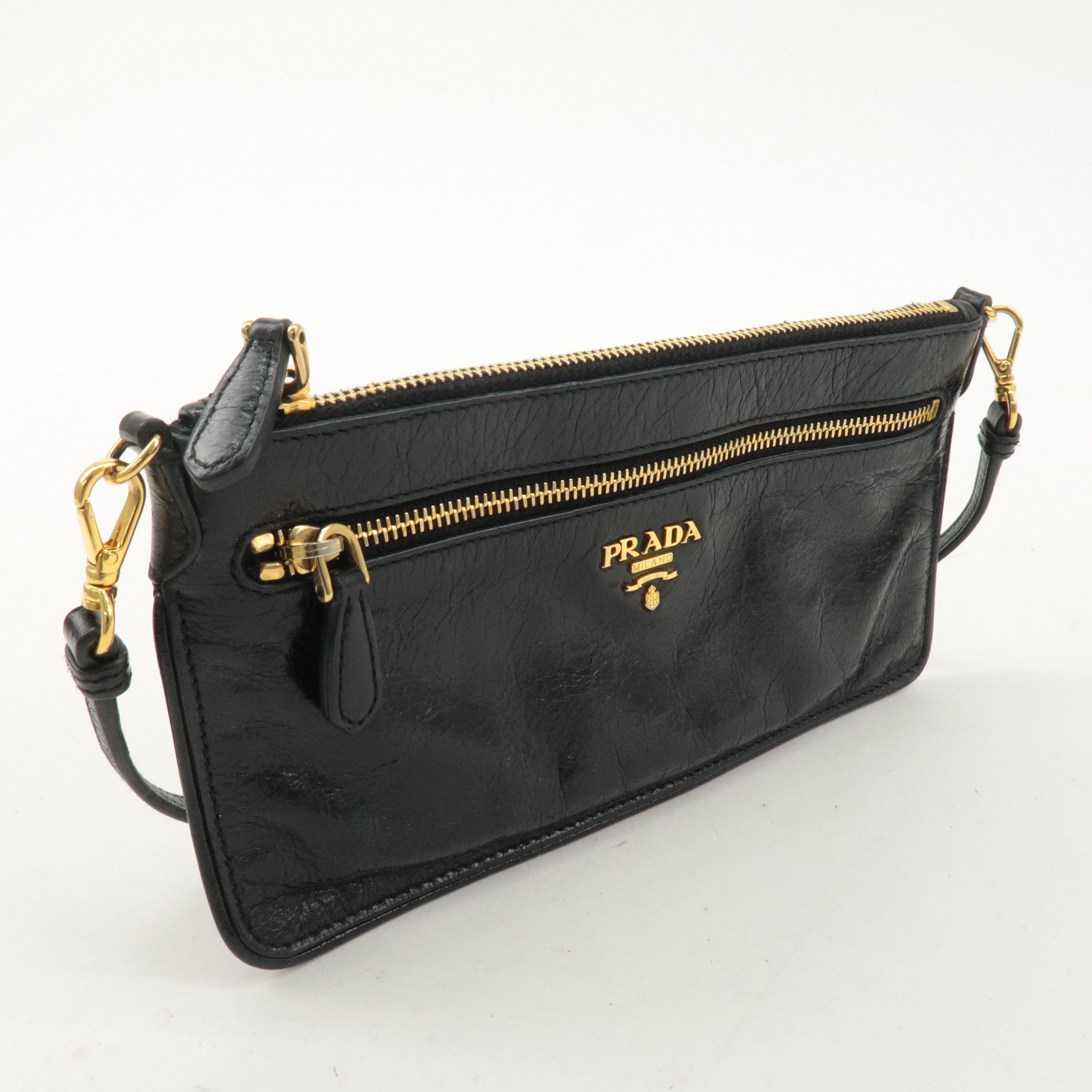 PRADA Logo Leather Pouch with Strap Shoulder Bag Black